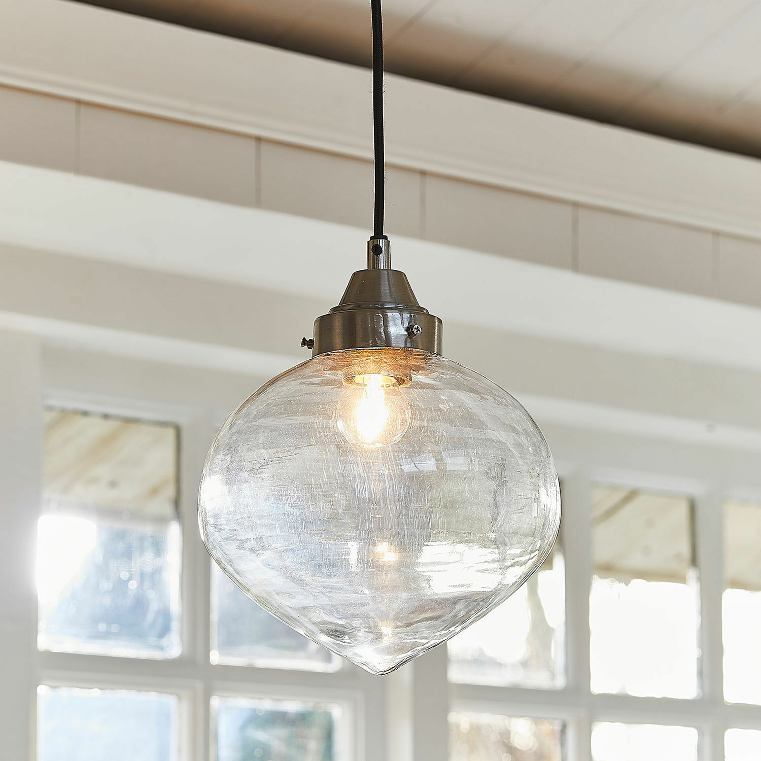 Hanglamp Lunariello Hanglamp van helder glas met zilveren metalen houder, moderne woonkamerverlichting