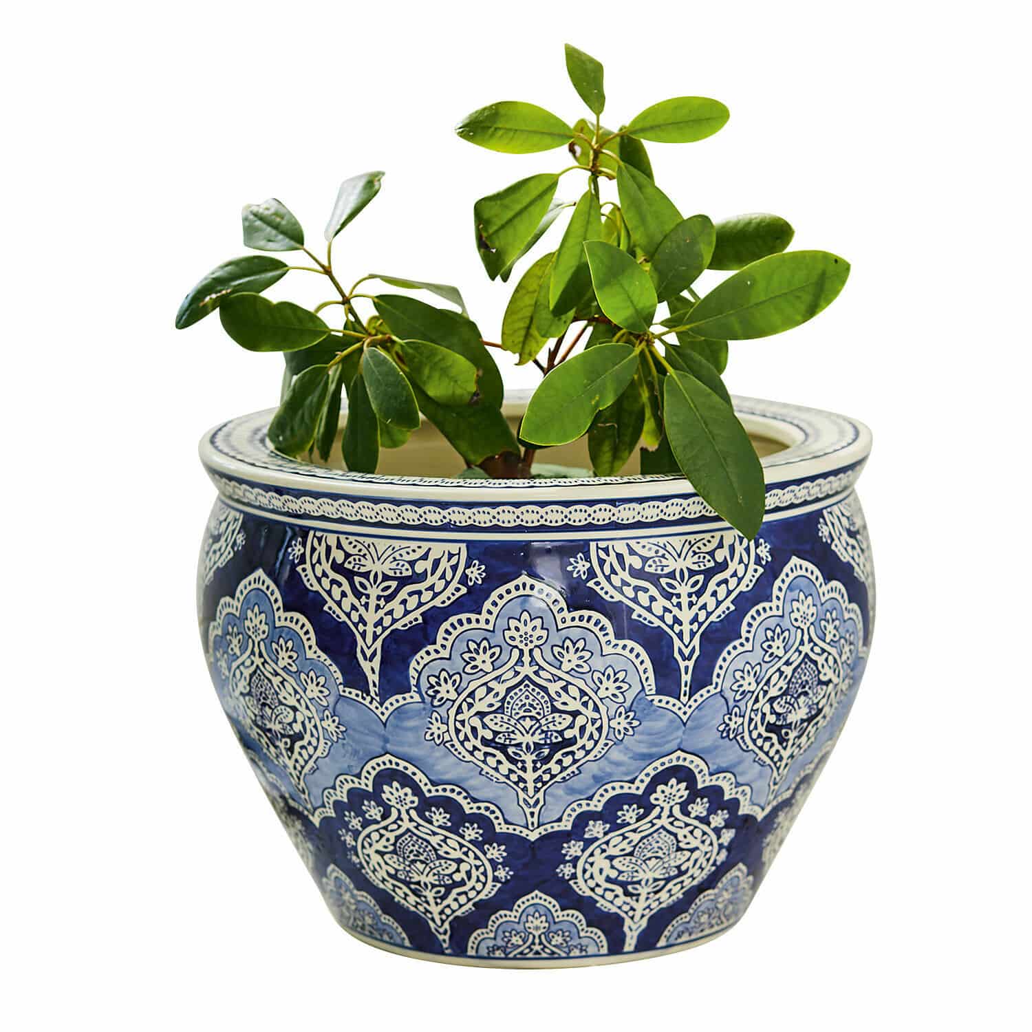 Sierpot Aurélie Keramische bloempot in blauw-wit met groene plant, decoratie voor binnen en tuin