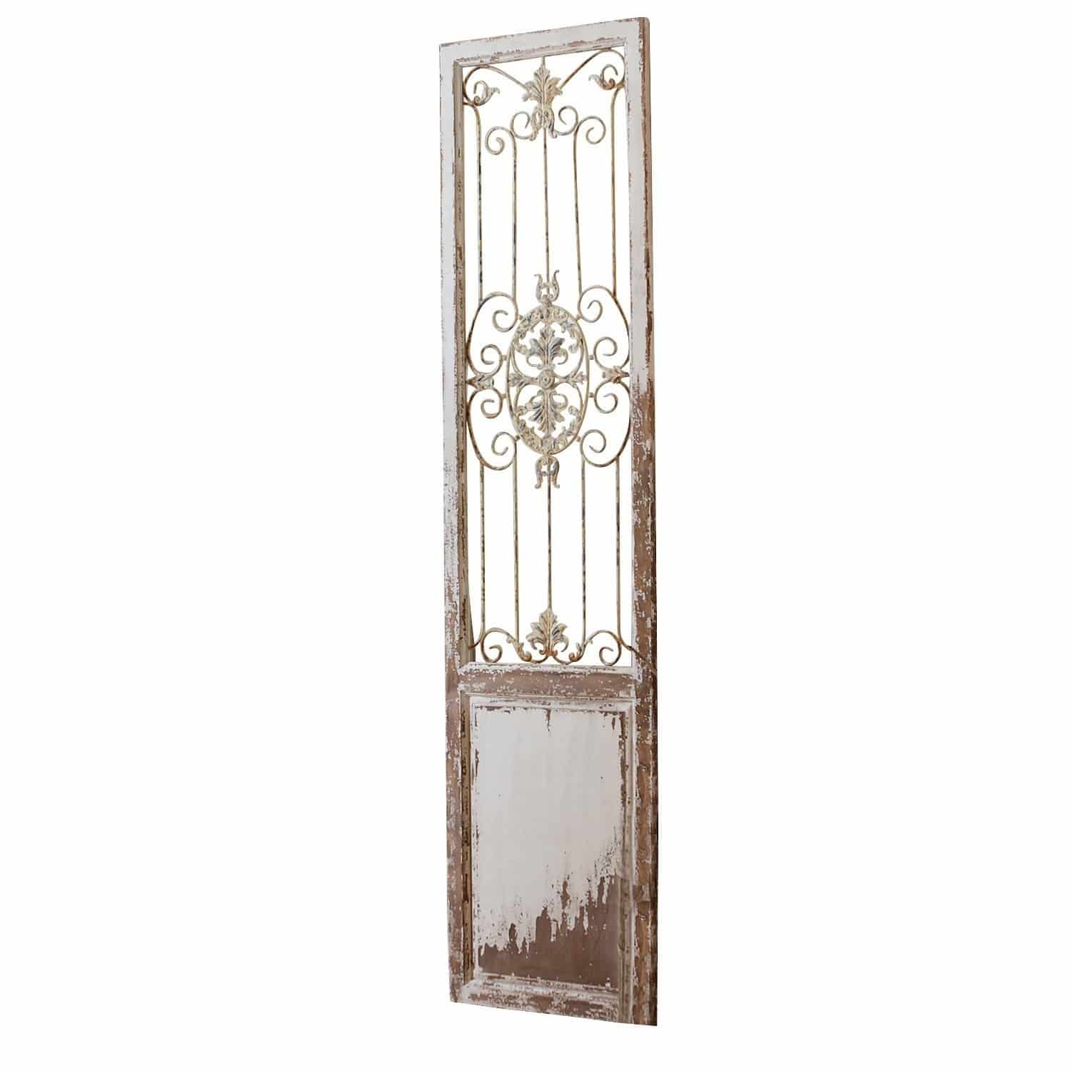 Sierpaneel Versailles Smalle houten deur met metalen vintage decoratie, verweerde witte en bruine afwerking