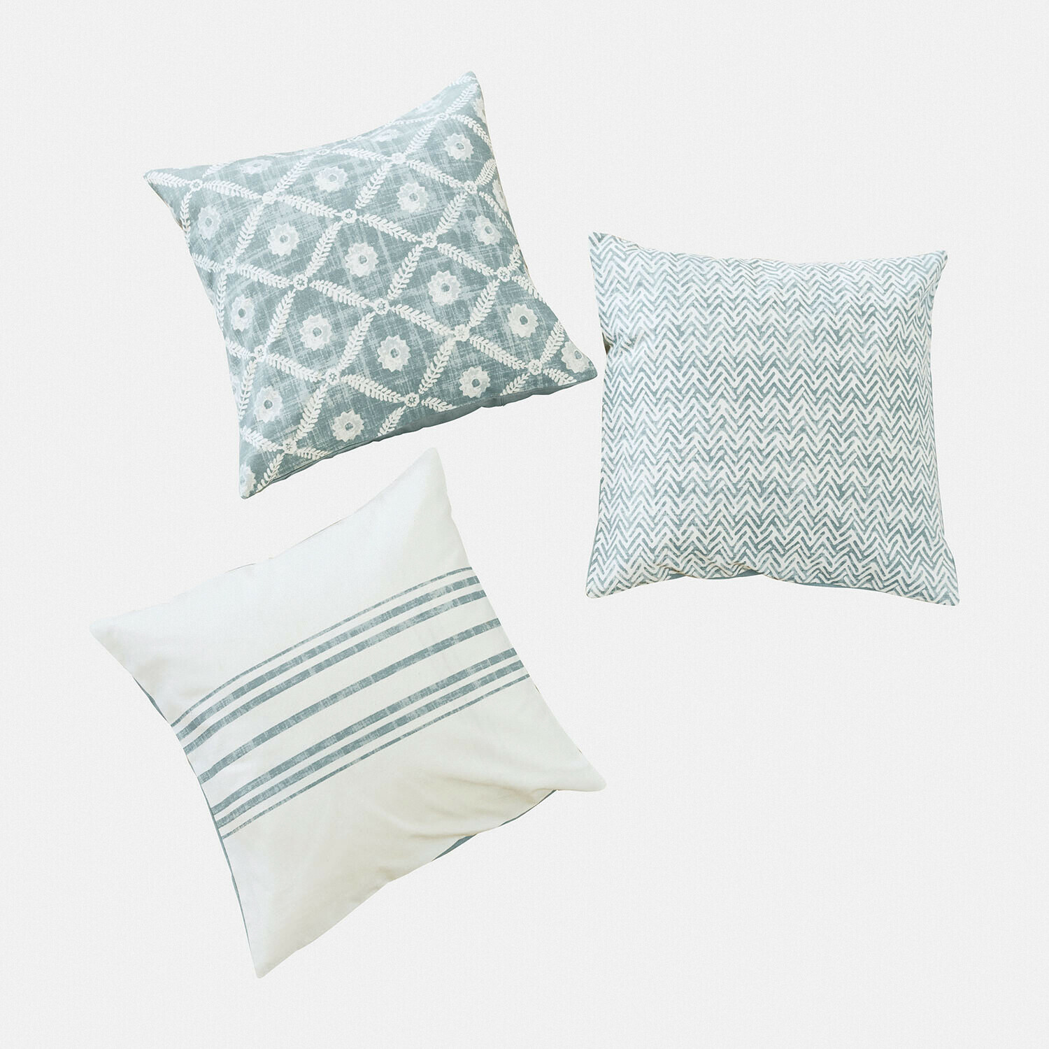 Set van drie decoratieve katoenen kussens in grijs en wit met diverse patronen voor woonkamer