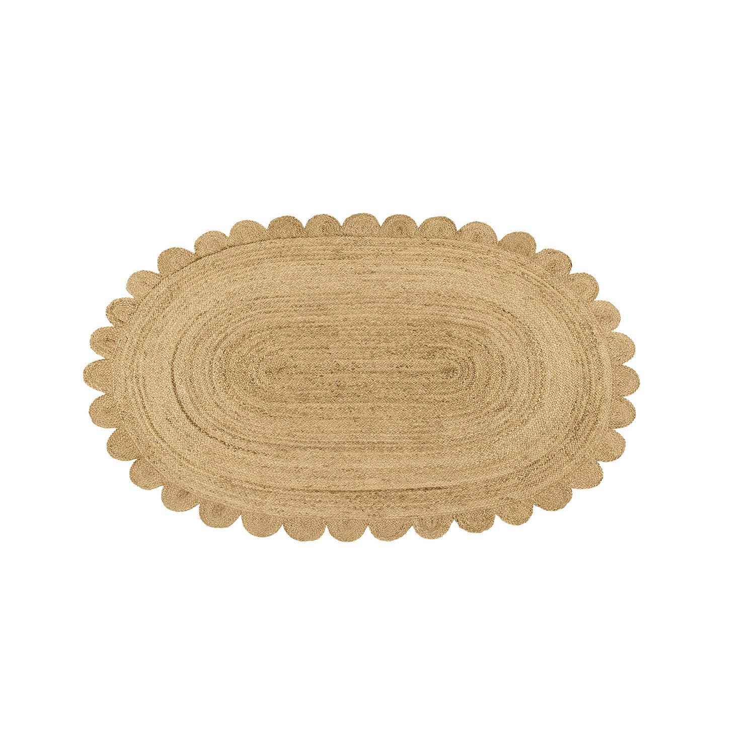 Vloerkleed Ferce Ovale jute vloerkleed in natuurlijke kleur met decoratieve golvende rand voor interieur.