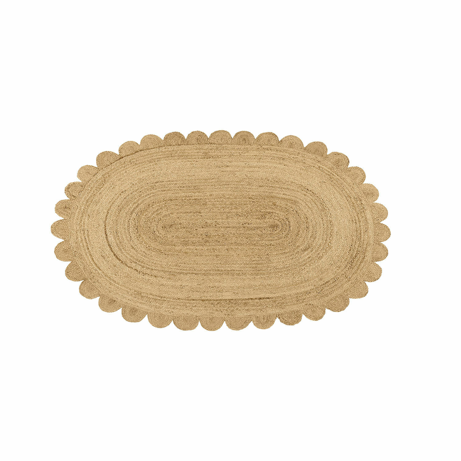 Vloerkleed Ferce Ovale jute vloerkleed in natuurlijke kleur met decoratieve golvende rand voor interieur.