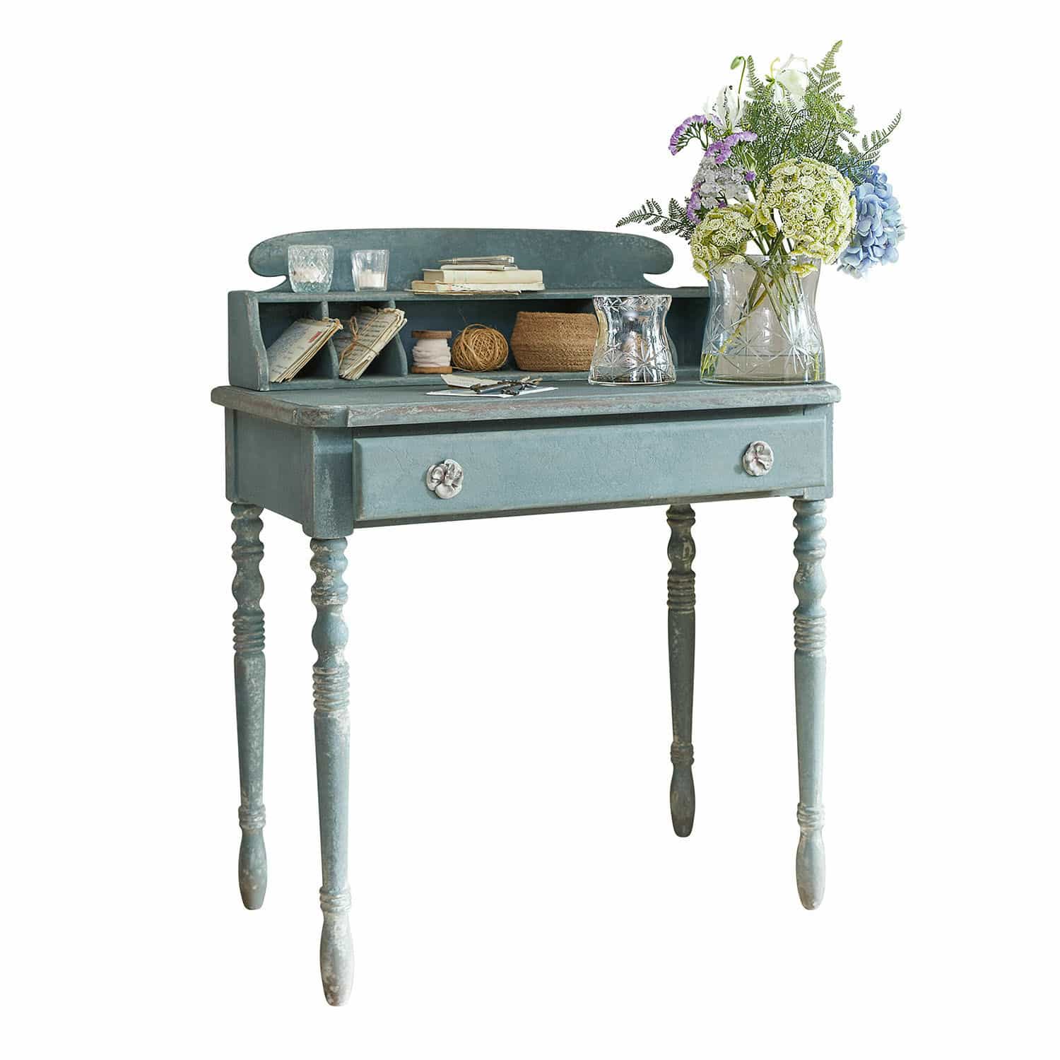 Sidetable Lartigue Blauw houten bureau met lade en vakken, vintage meubel voor opbergen en decoratie