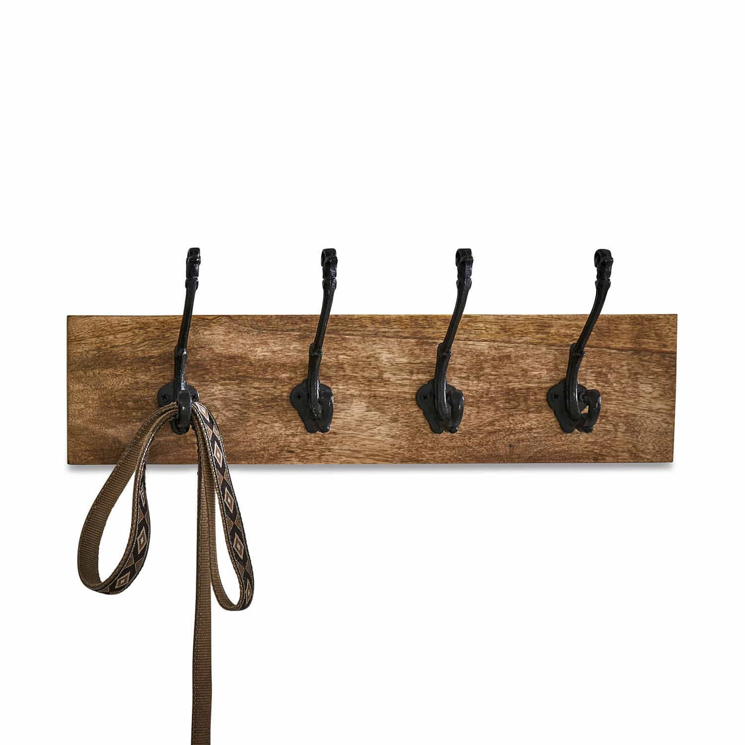 Hakenrek Taylors Island Houten wandkapstok met zwarte metalen haken en een hangende riem, praktisch voor de hal