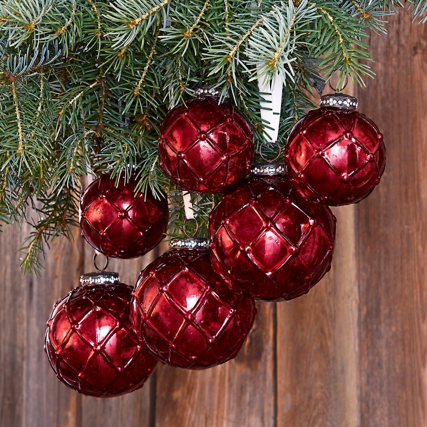Kerstversiering set van 6 Roubi, Glazen steentjes rondom de kroontjes, Drie stuks per maat, Driedimensionale decoratie in rood