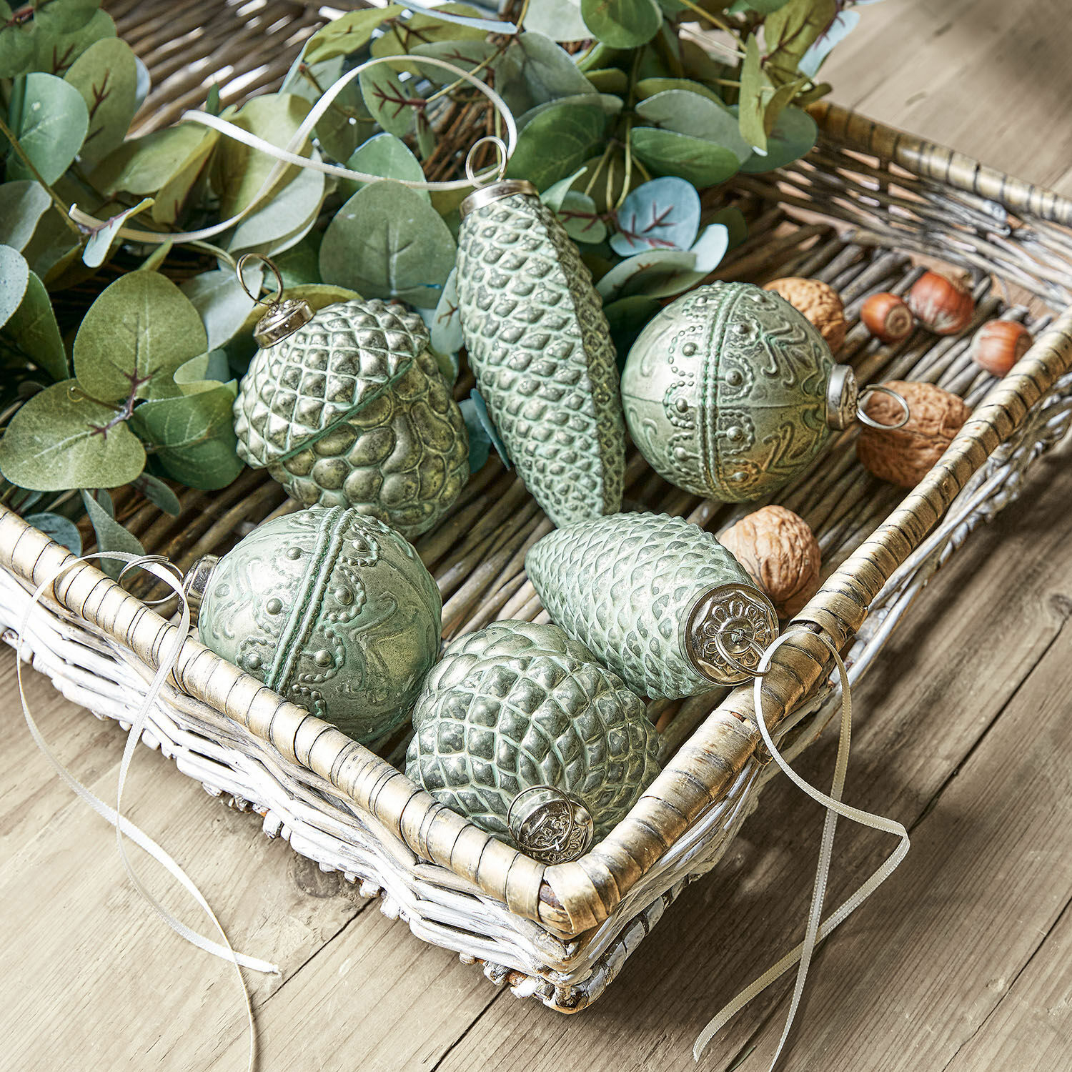 Kerstversiering set van 6 Quirat, Kunstzinnig afgewerkt, Verschillende vormen, Voor een feestelijke sfeer in groen/zilverkleurig