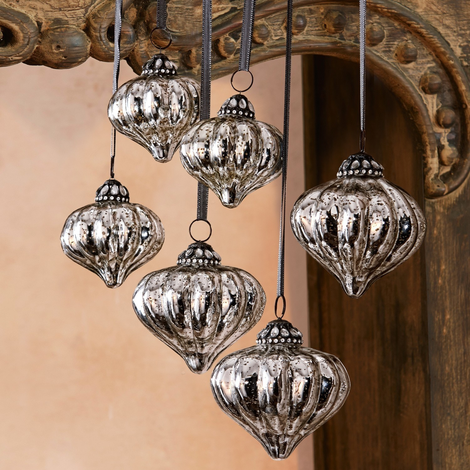 Kerstversiering set van 6 Lauranne, Boerenzilver, Mooie pompoenvorm, Fraaie kerstboomversiering in antiekzilverkleurig