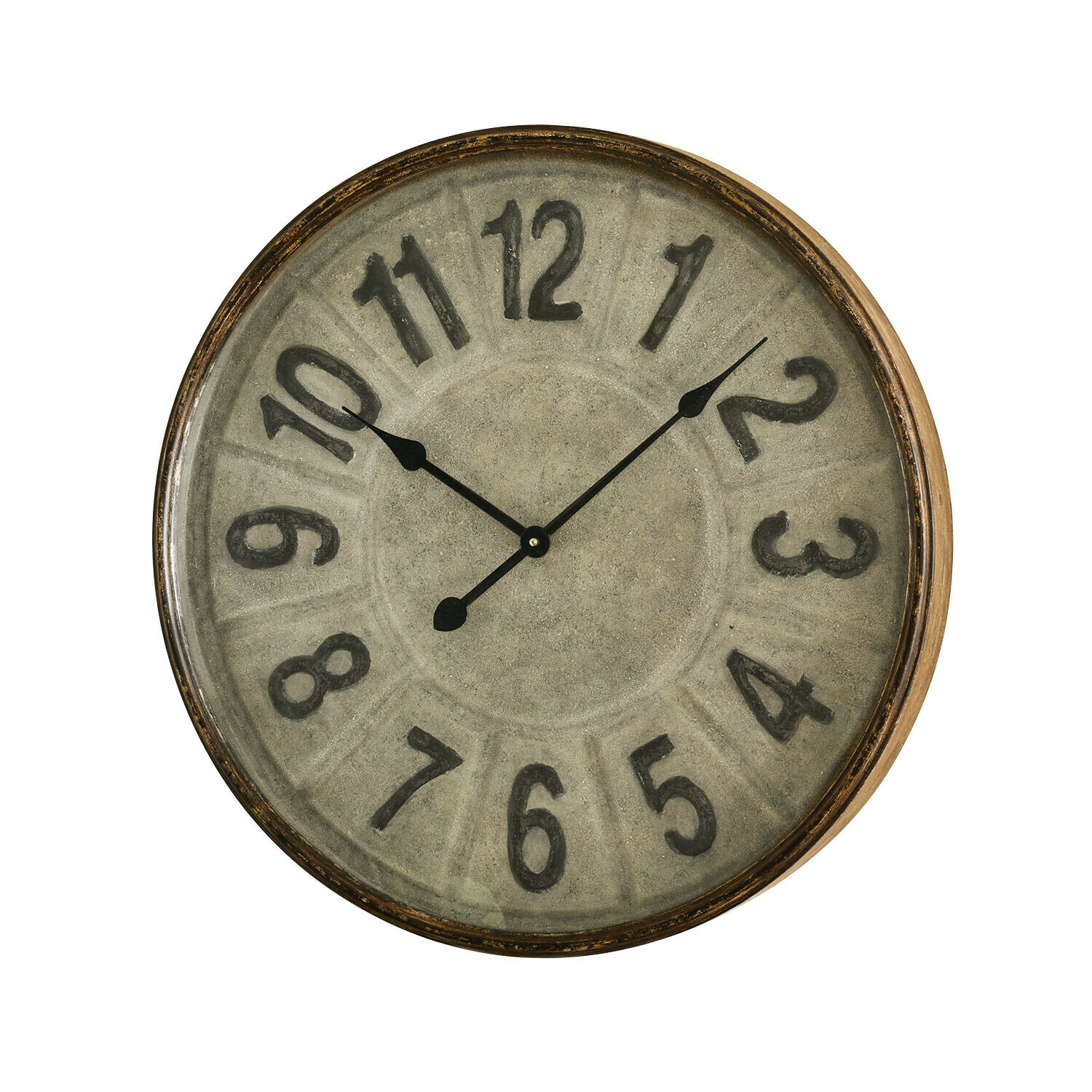 Ronde wandklok met messingkleurige metalen rand en grijze wijzerplaat met grote cijfers