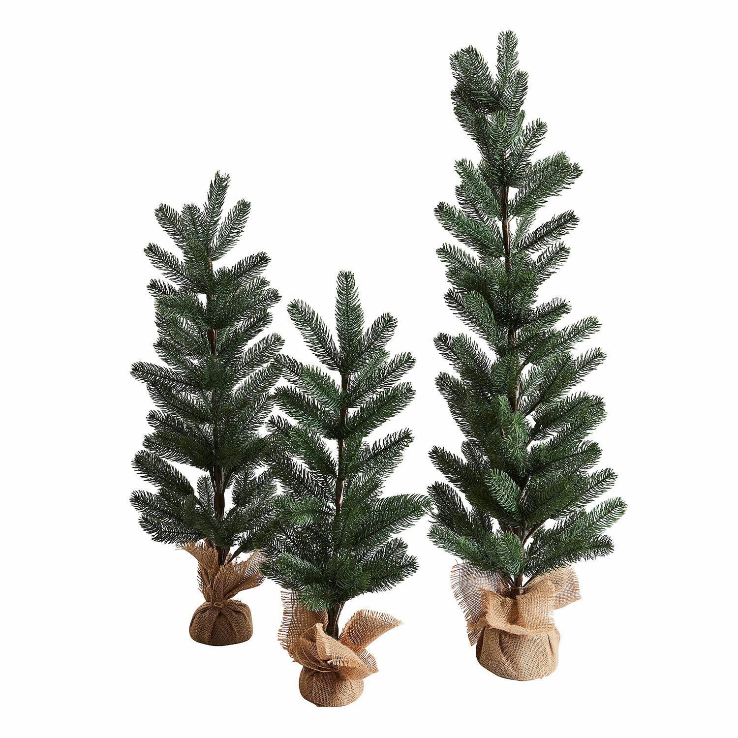 Sierboom set van 3 Merpins Drie kunstkerstbomen met groene naalden en jute potbedekking, sfeervolle kerstdecoratie