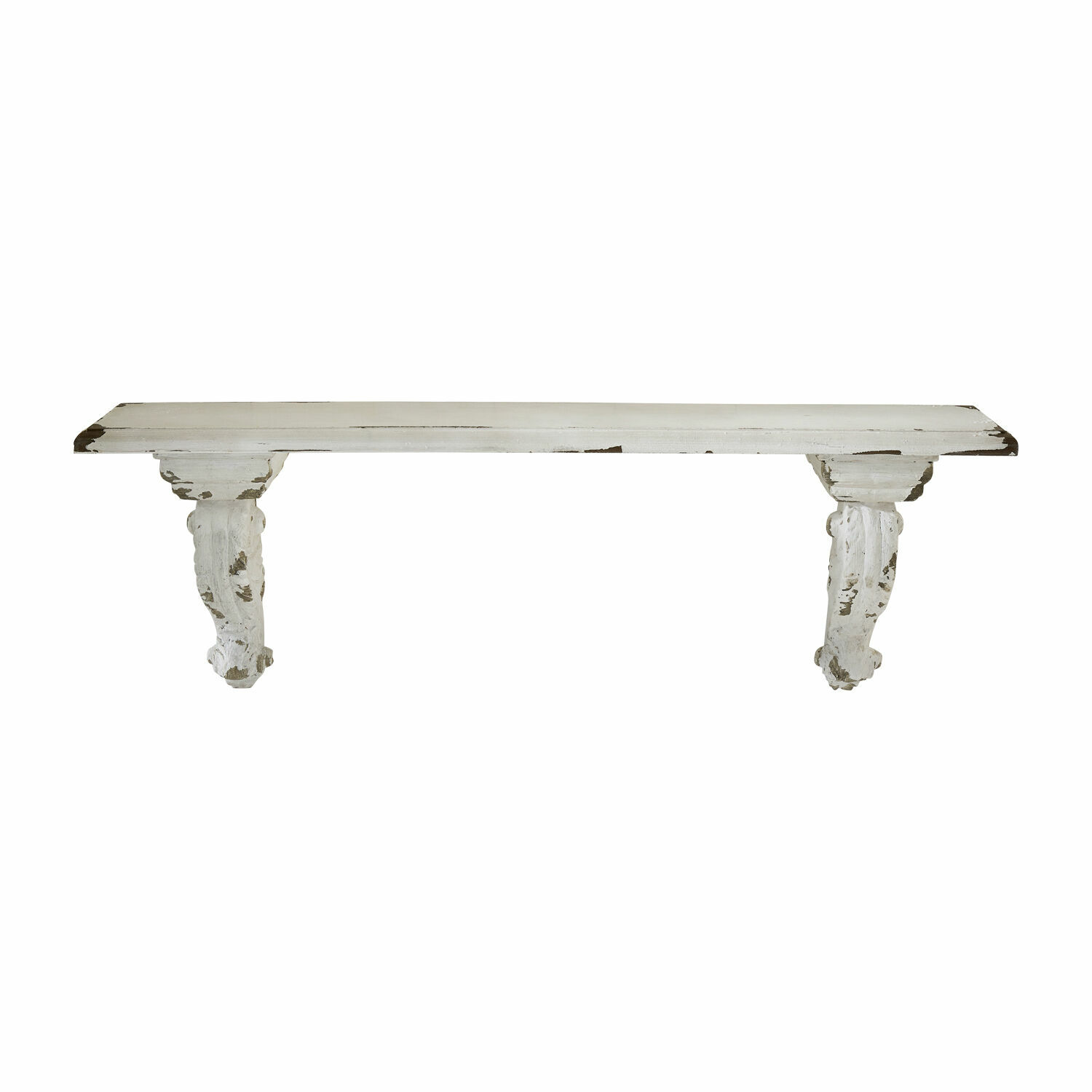 Wandplank Mouscron Witte houten wandplank met verweerd oppervlak en sierlijke beugels voor vintage interieurdecoratie