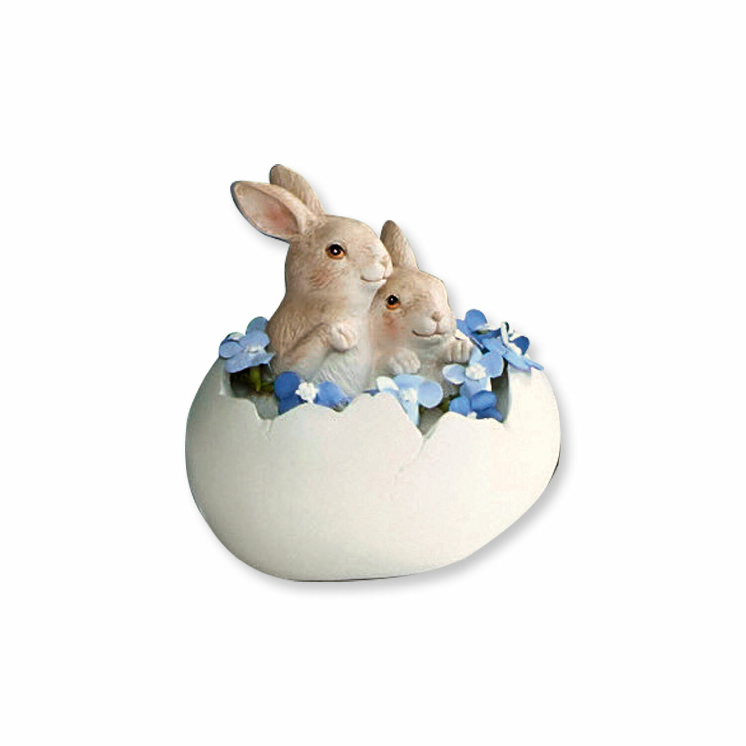 Hazen met ei Miksa Keramische figuur van twee konijnen in een eierschaal met blauwe bloemen, paasdecoratie