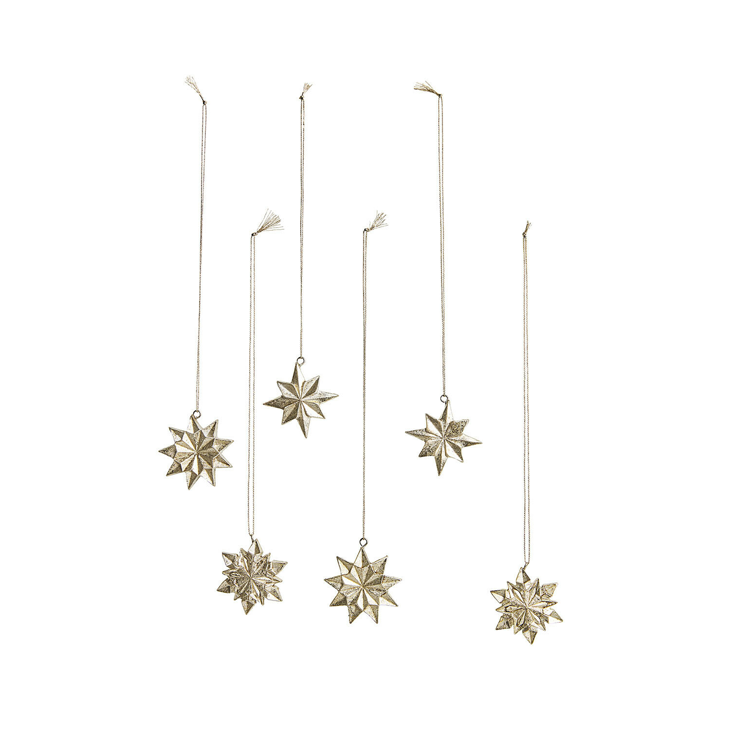 Hanger set van 6 Zamoura Set van zes gouden metalen sterhangers aan dunne koordjes, feestelijke kerstdecoratie