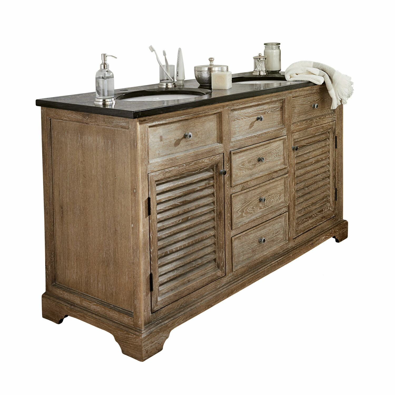 Dubbele wastafel Malmaison Houten badkamermeubel met zwart blad en dubbele wastafel, natuurlijke houtkleur