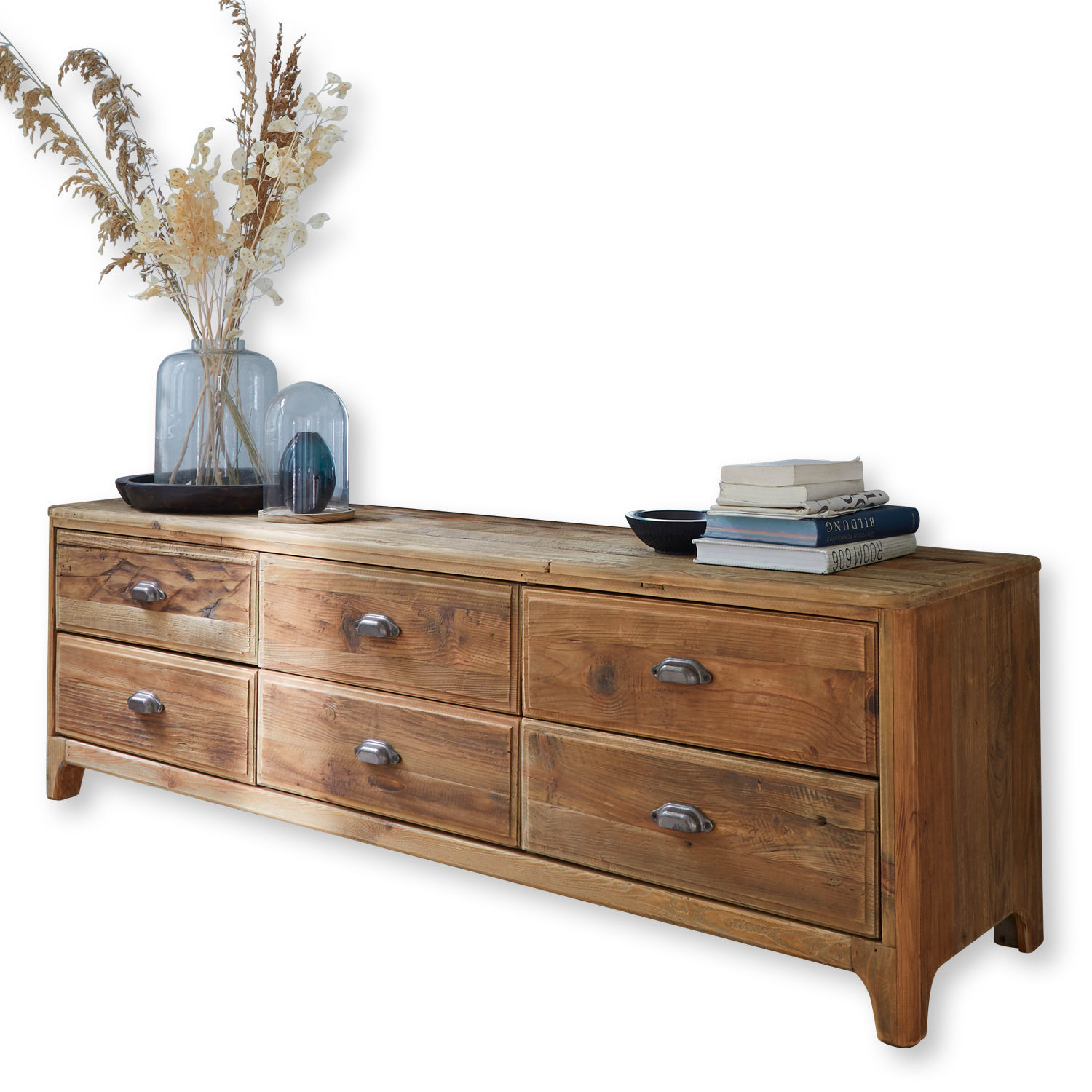 Ladekast Wittfield Houten dressoir in natuurlijke kleur met zes lades en metalen handgrepen, versierd met boeken en vazen