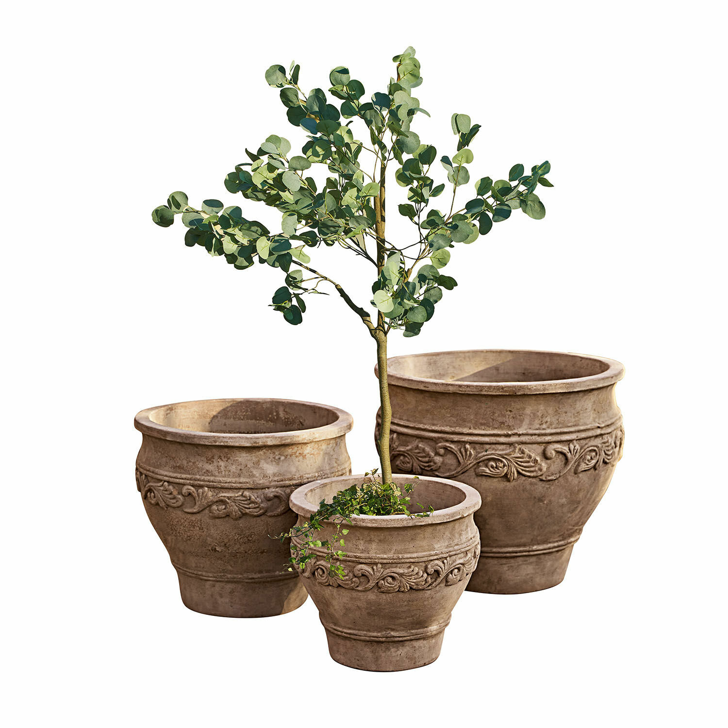 Sierpot set van 3 Sabugal Set van drie decoratieve bruine terracotta plantenpotten met planten voor tuin en huis