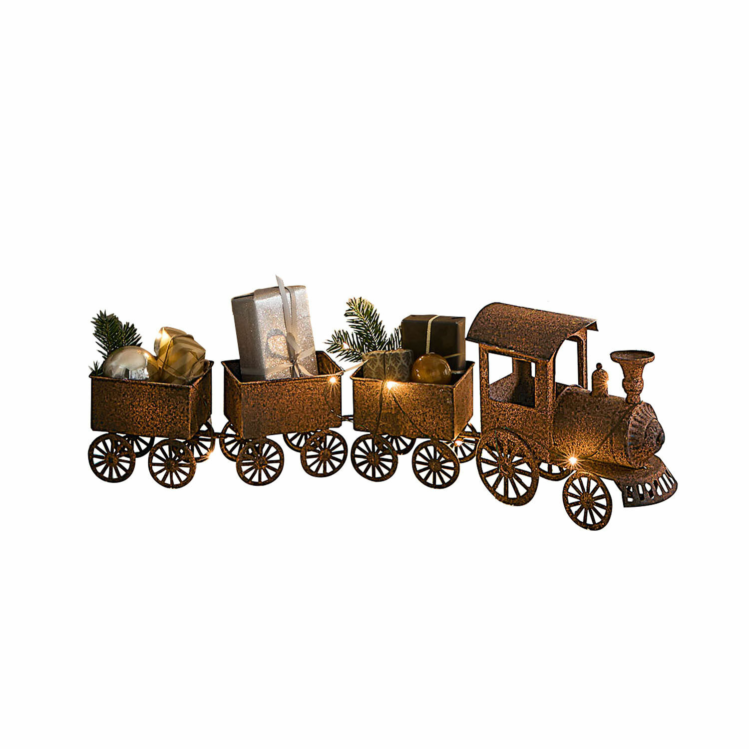 Siertrein Diamond Decoratieve metalen trein in roestkleur met drie wagons en kerstcadeaus