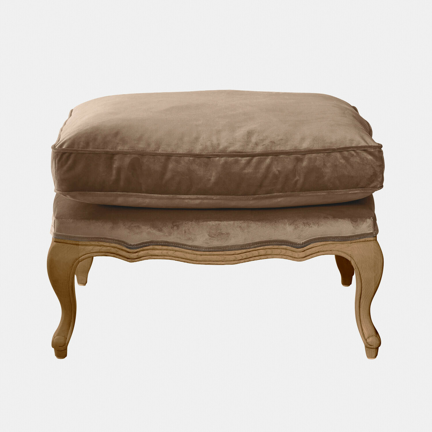 taupe/bruin Voetenbank Corlay met houten poten en zachte taupe bruine fluwelen kussen voor comfort