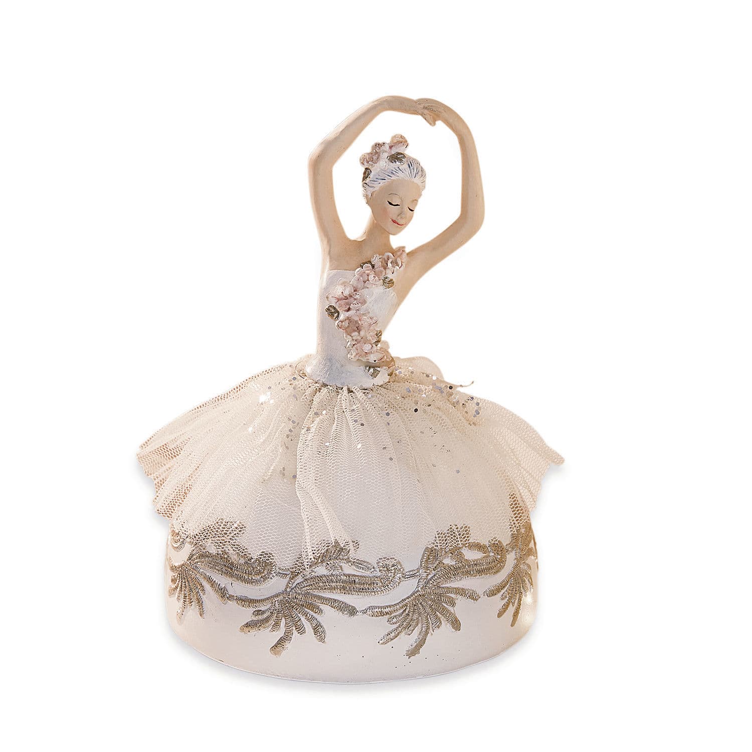 Speelklok Malinka Ballerina-figuur met crèmekleurige tule rok en gouden stoffen versieringen
