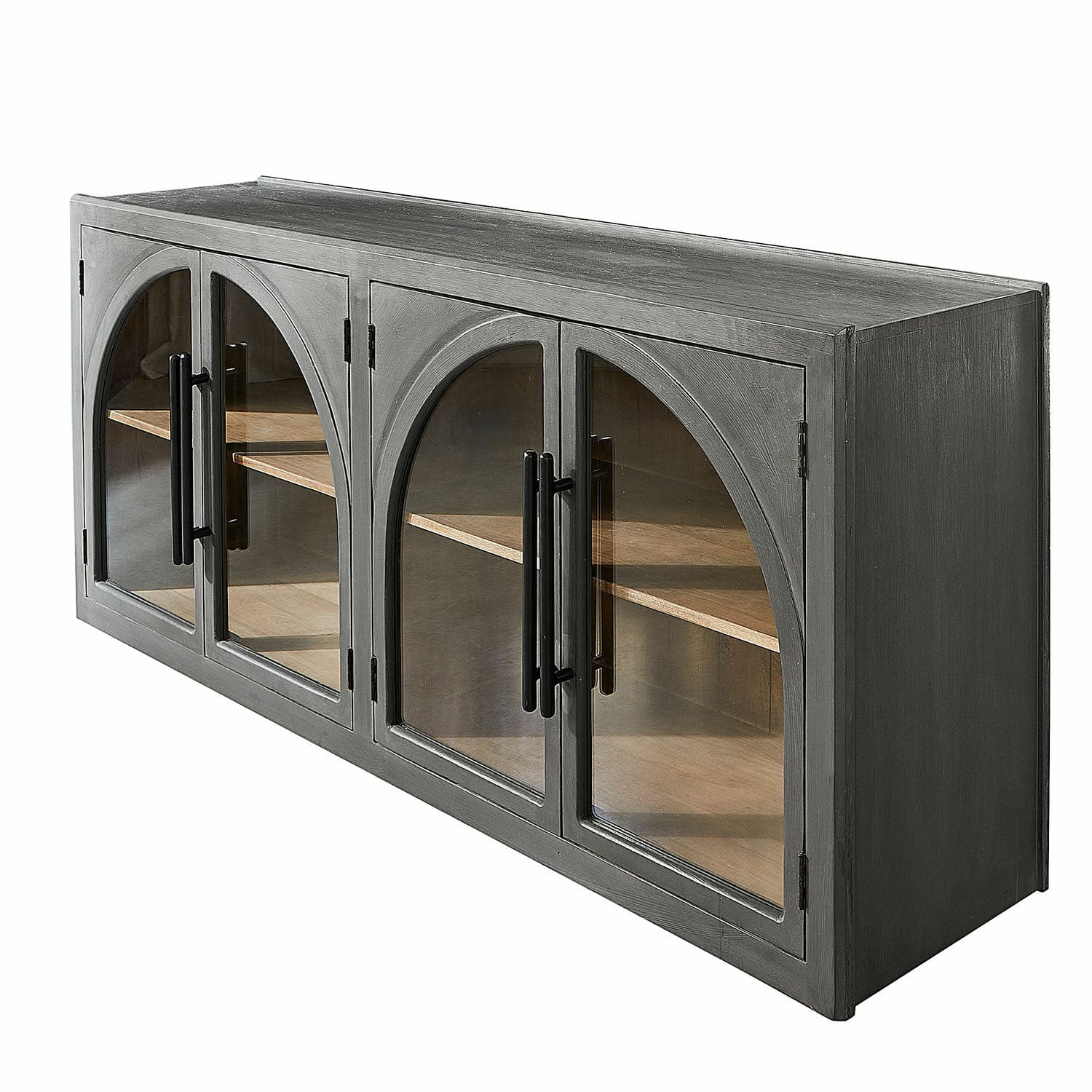 Sideboard Chaloraine Grijze houten kast met glazen deuren en planken, moderne opbergmeubel voor woonkamer