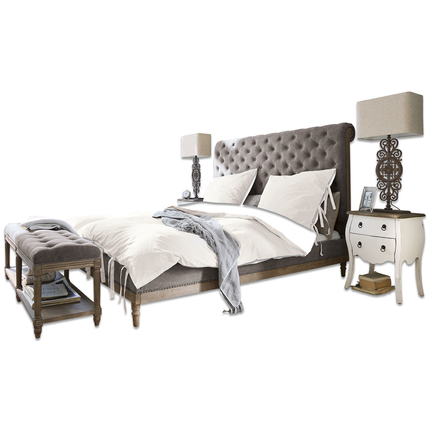 Bed Pozières Gestoffeerd bed met grijs doorgestikt hoofdeinde en houten frame, wit beddengoed en grijze deken