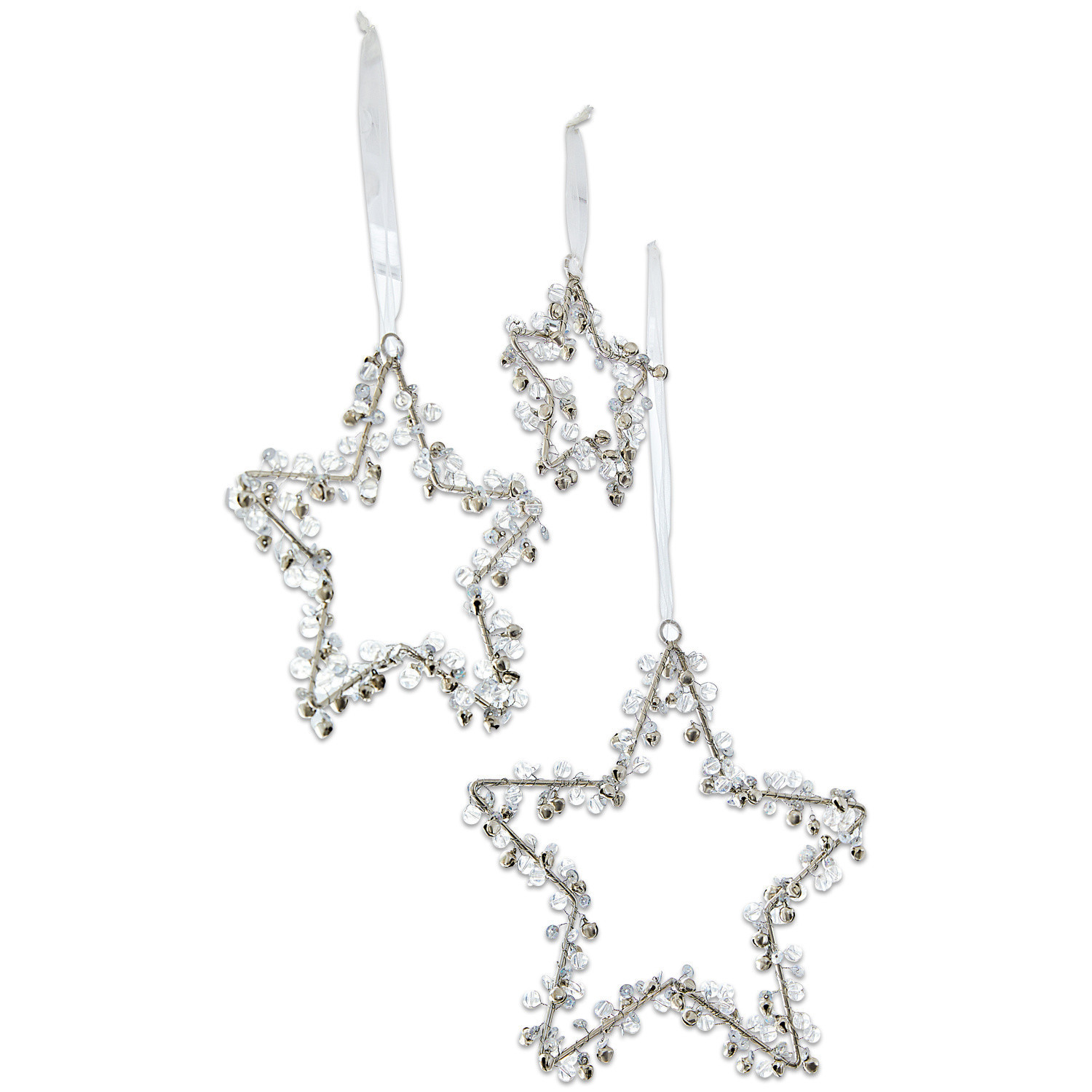 Kerstversiering set van 3 Harley Set van drie decoratieve sterren van metaal met transparante kralen aan witte linten, kerstversiering