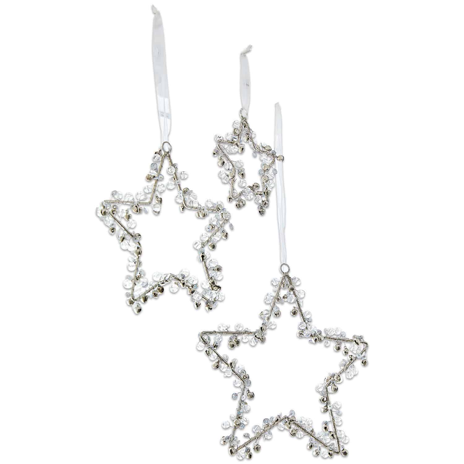 Kerstversiering set van 3 Harley Set van drie decoratieve sterren van metaal met transparante kralen aan witte linten, kerstversiering