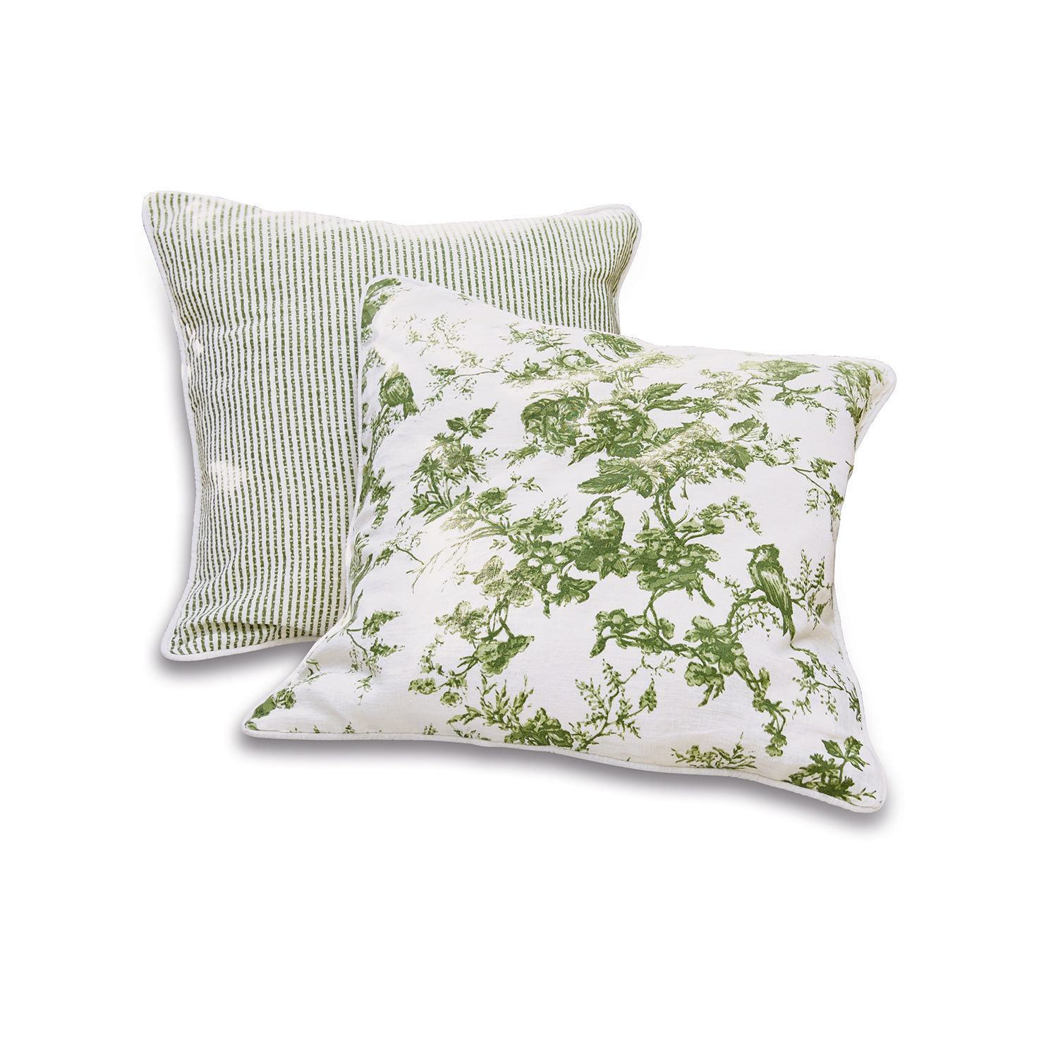 Kussenhoes set van 2 Mercier Set van twee katoenen sierkussens met groene plantenpatronen en strepen voor woonkamer