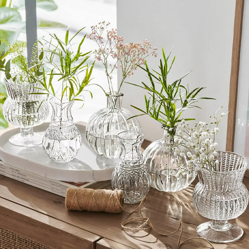 Set transparante glazen vazen met planten op houten blad, stijlvolle interieurdecoratie
