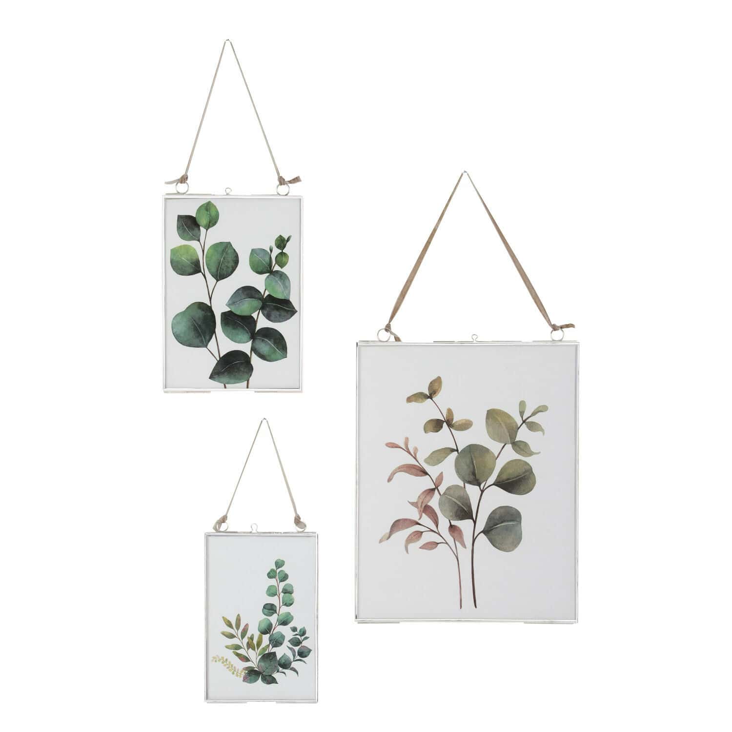 Set van 3 zilverkleurige metalen fotolijsten Ruston met groene bladeren voor wanddecoratie