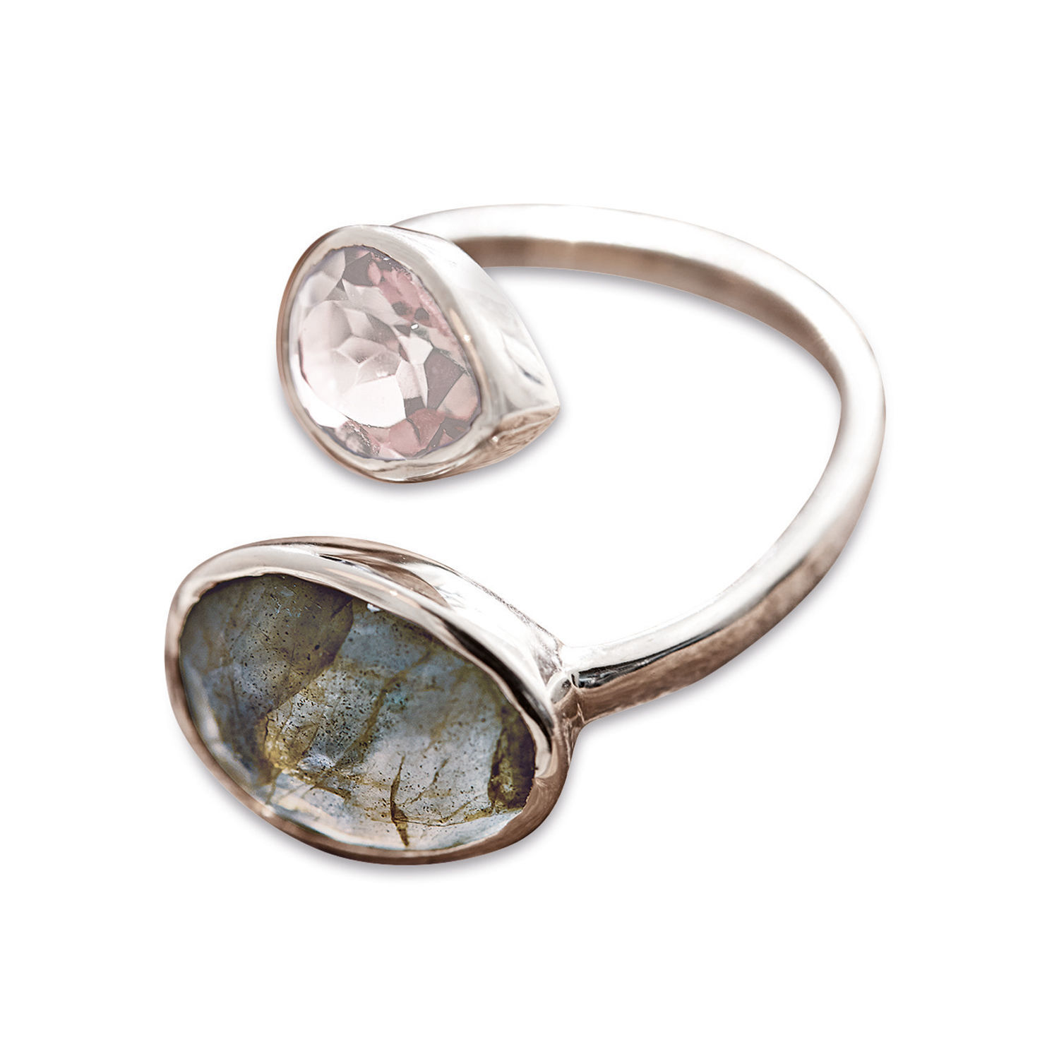 Zilveren ring met roze en blauwe steen, elegante dames sieraden