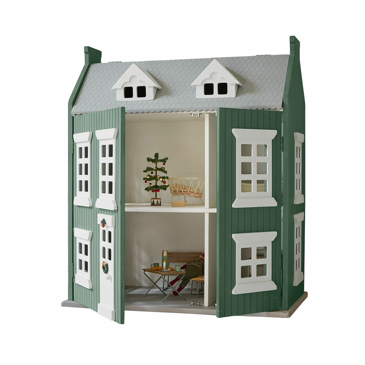 Poppenhuis Avenari Houten poppenhuis in groen en wit met twee verdiepingen en gedetailleerd interieur