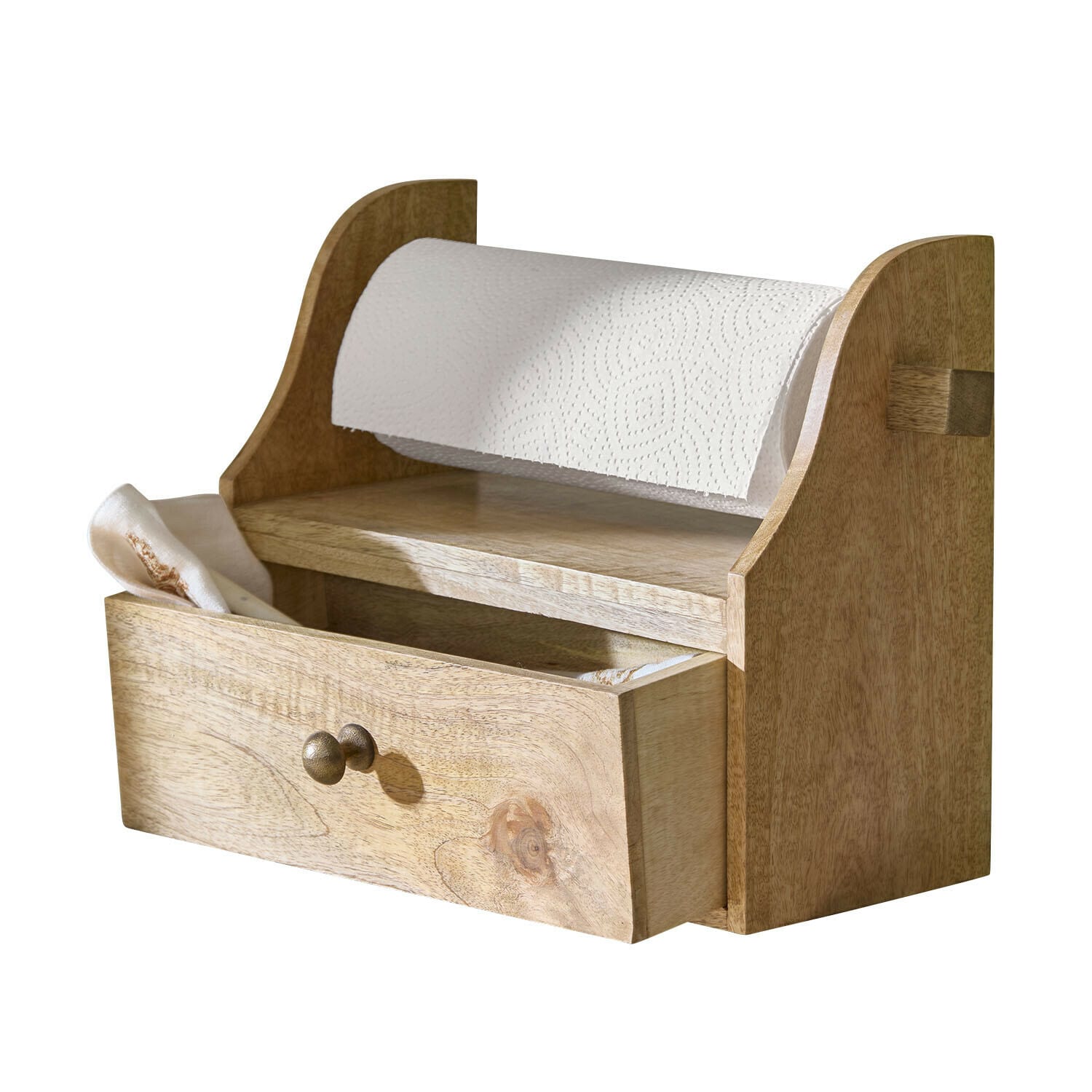 Organizer Roisenn Houten houder voor keukenpapier met lade voor keukengerei in natuurlijke houtkleur