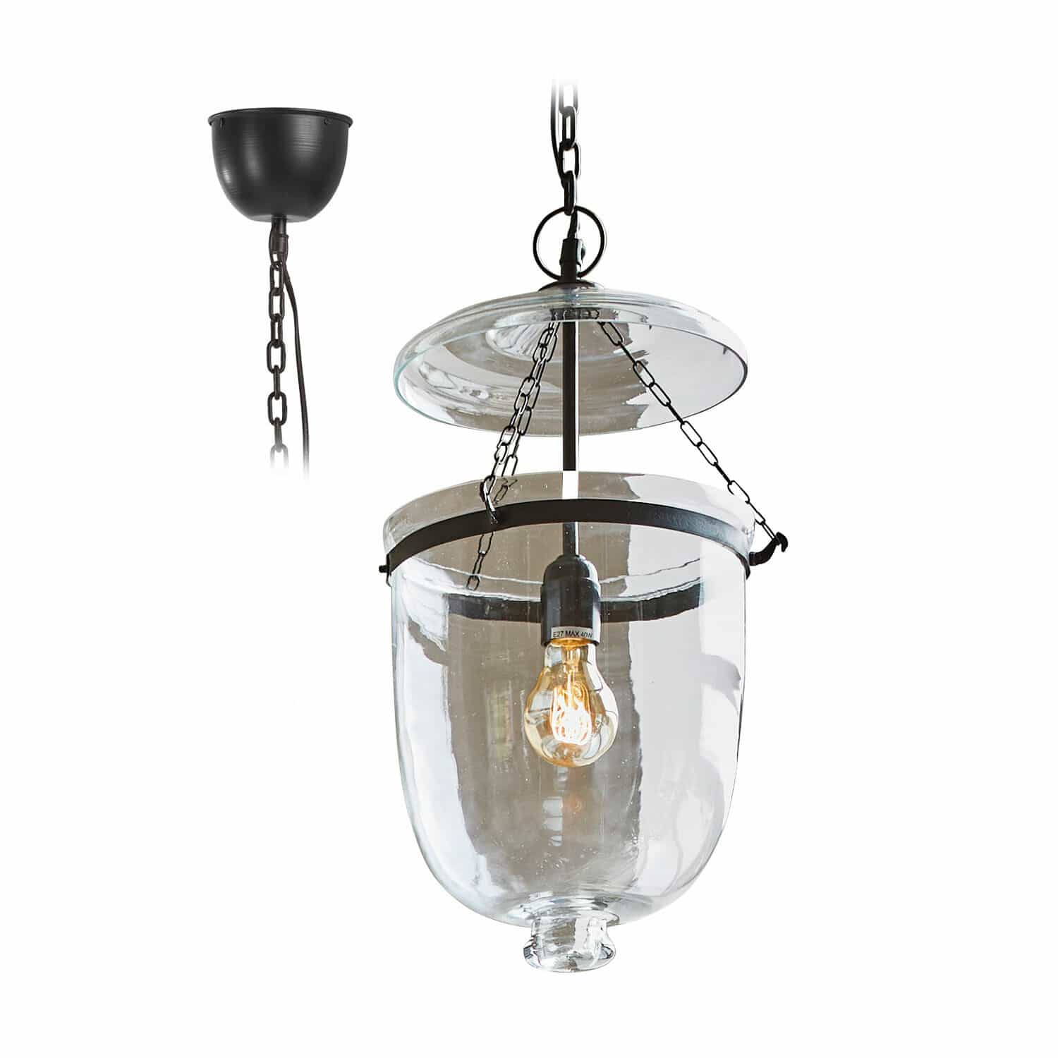 Hanglamp Lanta Glazen hanglamp met zwarte metalen ketting en heldere kap, decoratieve binnenverlichting