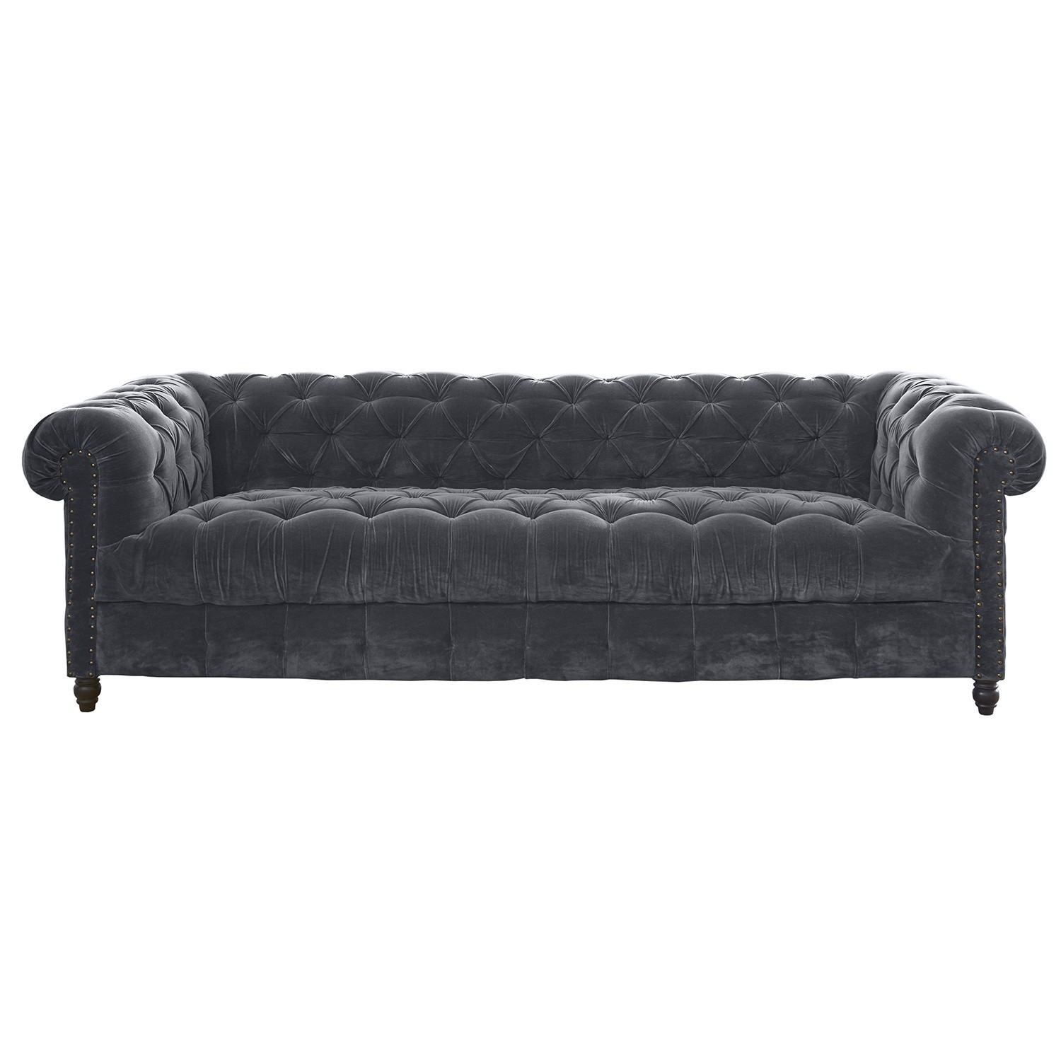 grijs Grijze fluwelen Parpeville bank met gestikte rugleuning en decoratieve nagels, elegante woonkamermeubel