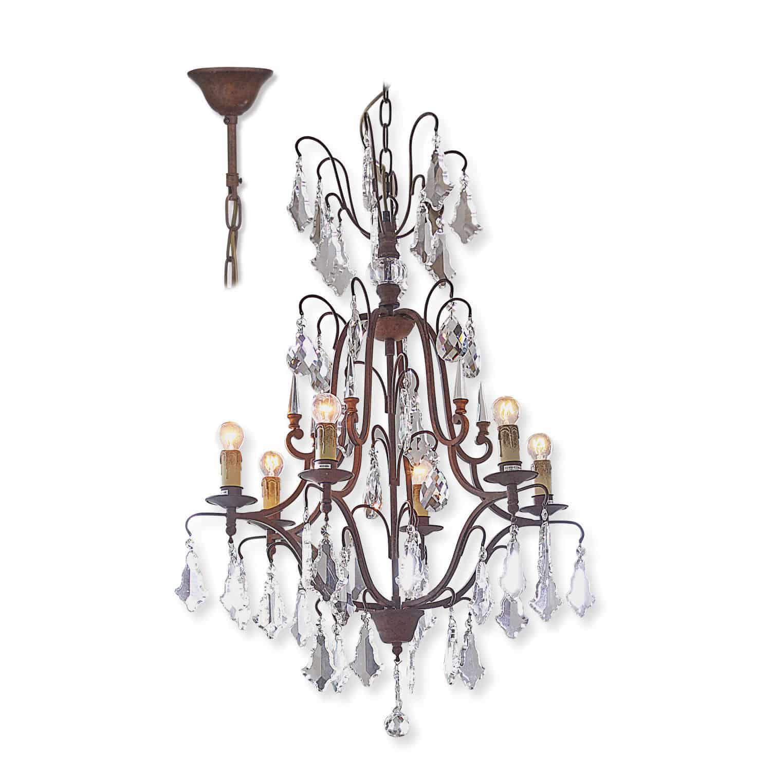 Kroonluchter Saint Pierre Metalen kroonluchter met roestkleur, kristallen hangers en retroverlichting voor interieur