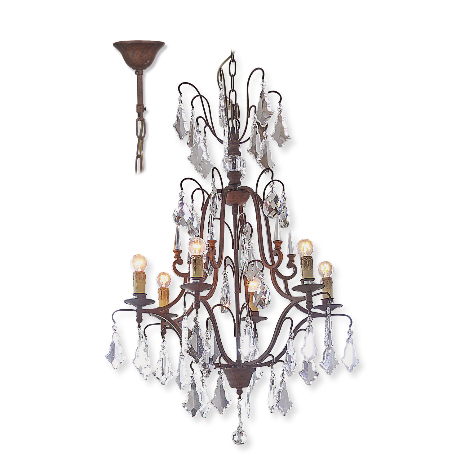 Kroonluchter Saint Pierre Metalen kroonluchter met roestkleur, kristallen hangers en retroverlichting voor interieur