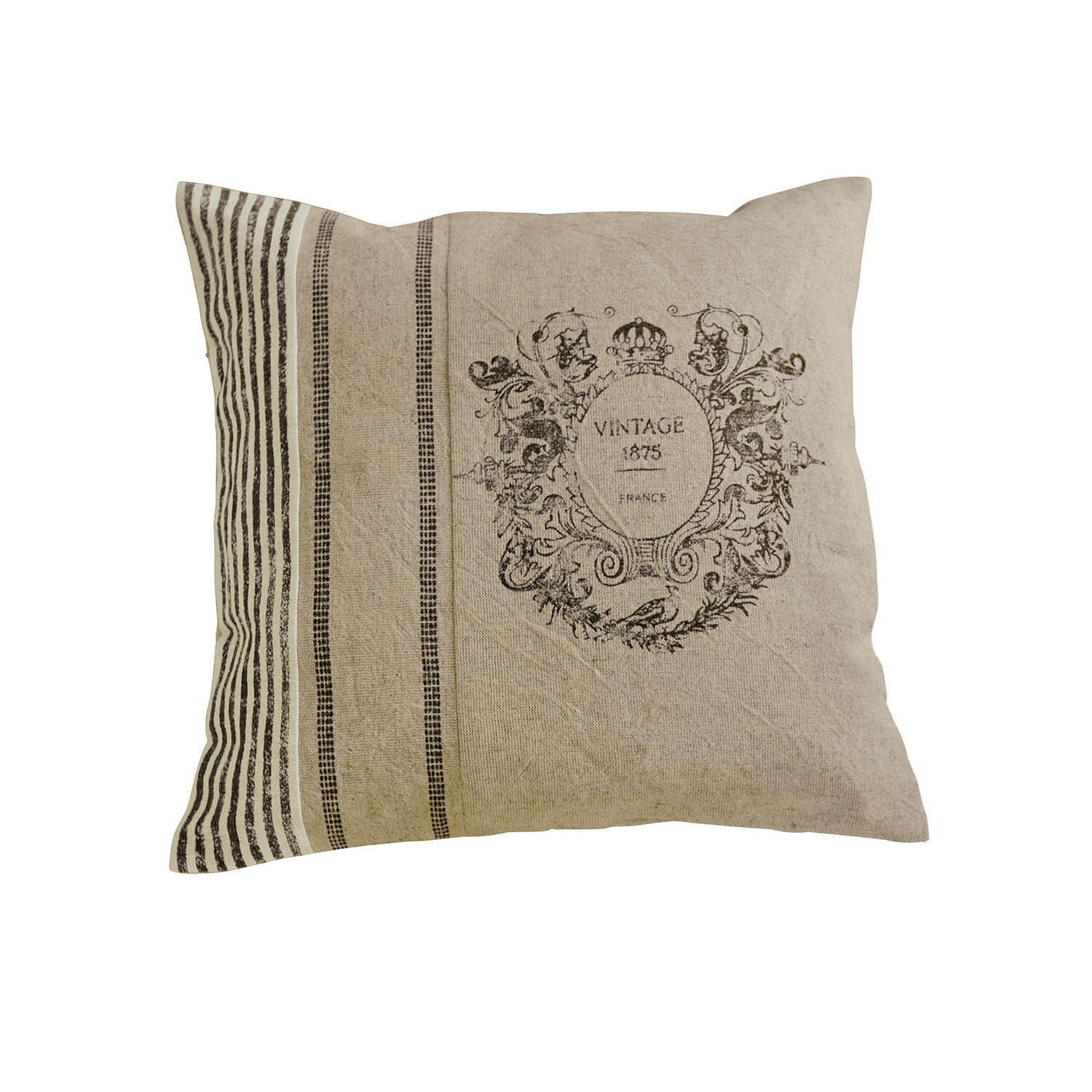 Kussenhoes Lélex Beige katoenen sierkussen met vintage print en strepen, rustieke woondecoratie