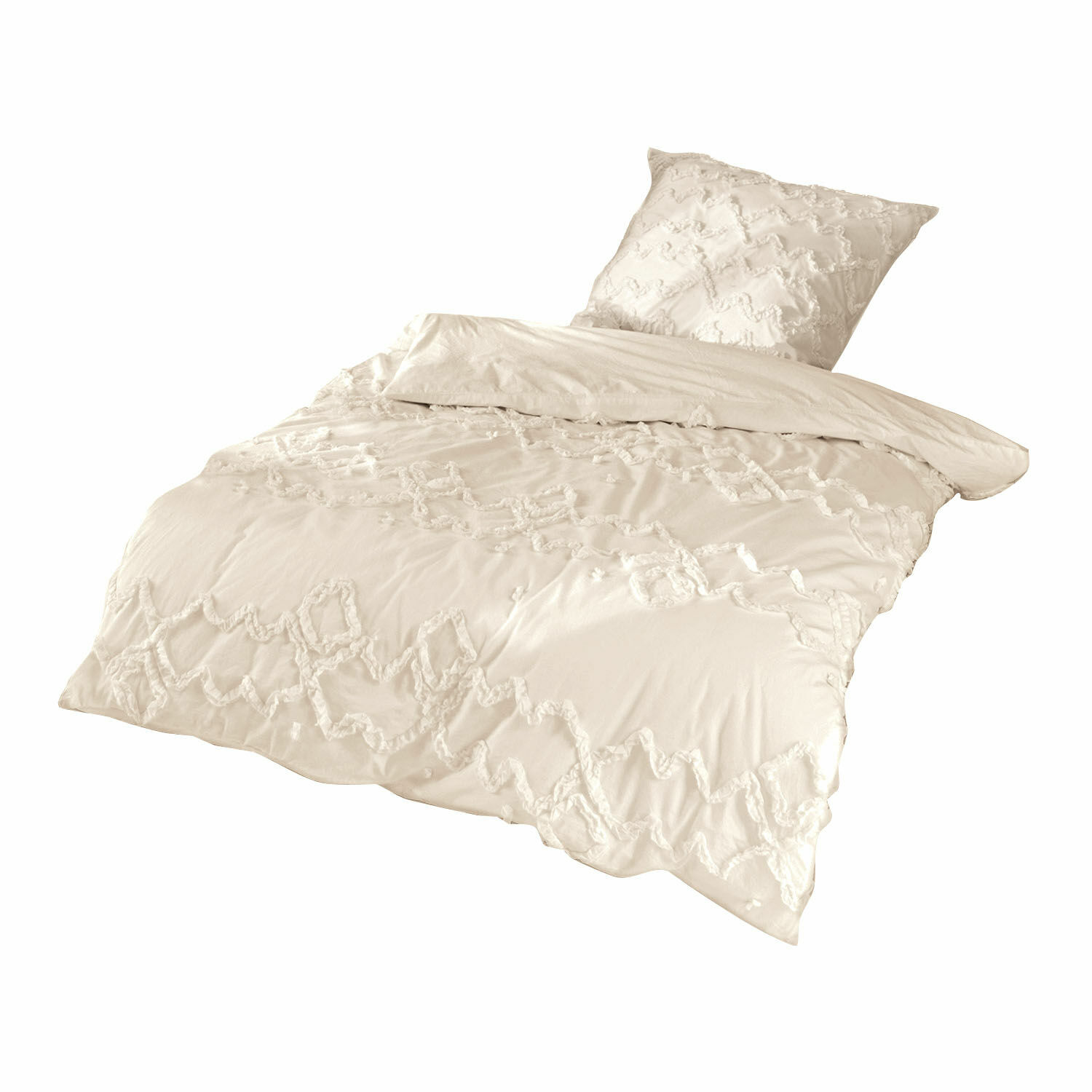 Crèmekleurig beddengoed met subtiel patroon van zachte stof, perfect voor slaapkamer