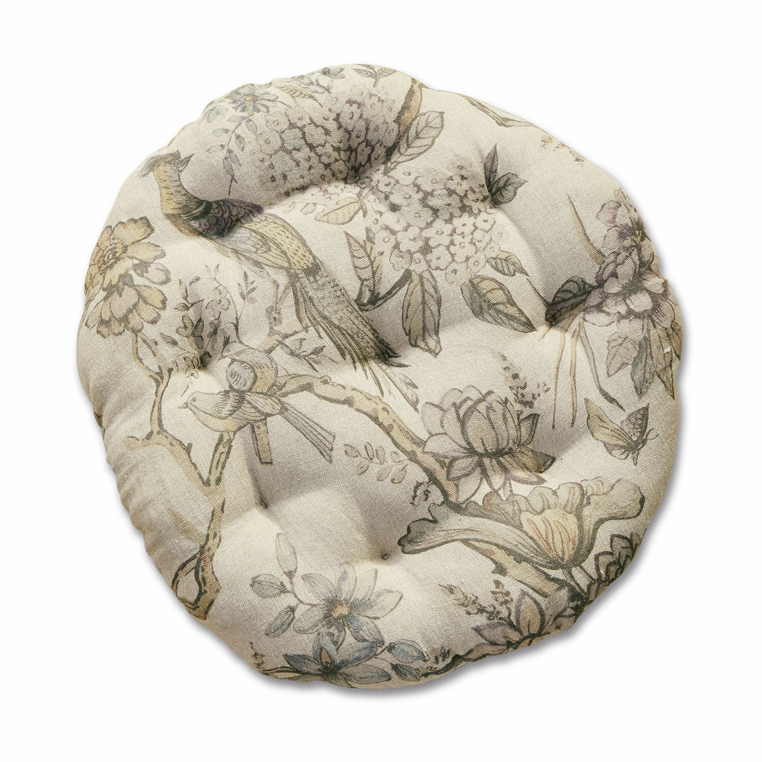 Zitkussen Kayla Ronde katoenen stoelzitting in beige met bloemen- en vogelmotief voor comfort