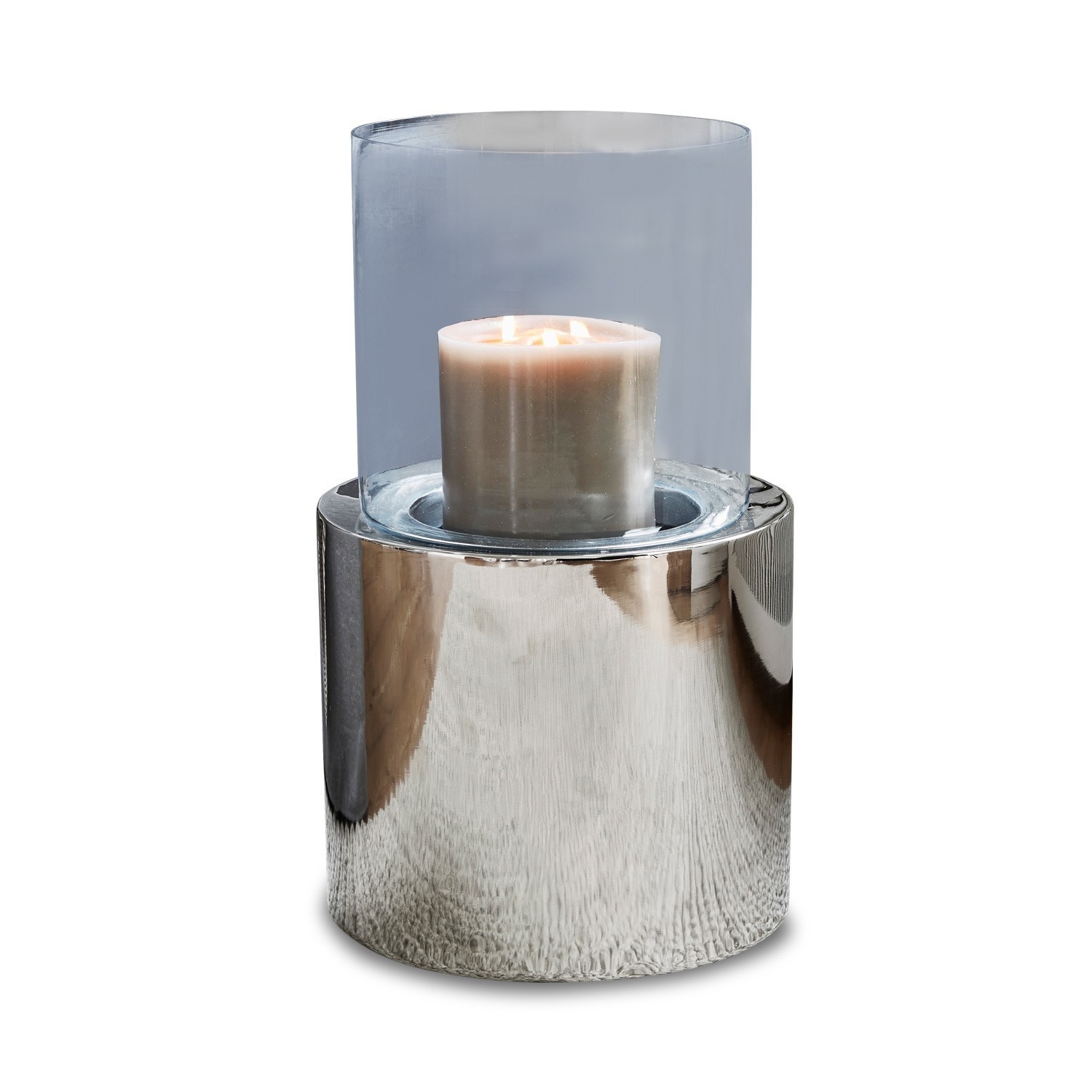 Moderne kaarsenhouder van roestvrij staal en glas met witte kaars, interieurdecoratie