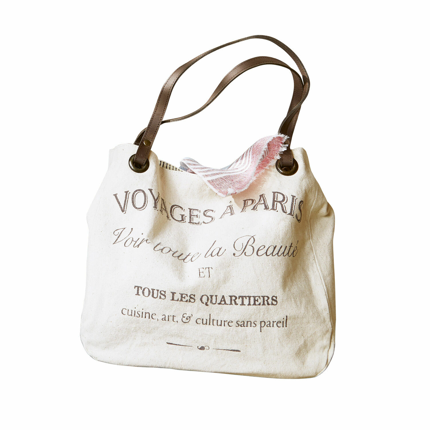 Tas Voyage Beige katoenen tas met bruine handvatten en Franse opdruk, modieuze dagelijkse accessoire