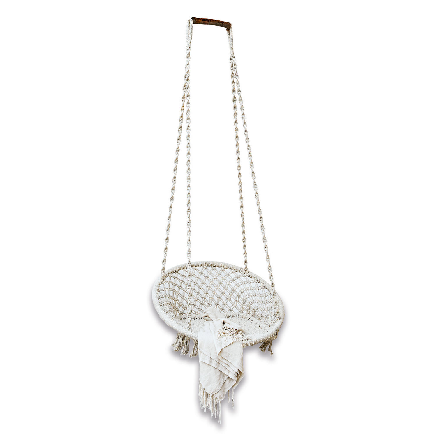 Hangstoel Tarik Hangstoel van gevlochten katoenen touw in crèmekleur met decoratief kleedje voor buiten
