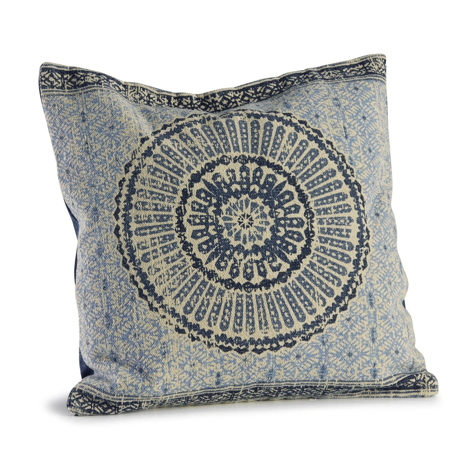 Decoratieve katoenen kussenhoes in blauw met geometrisch patroon voor woonruimte