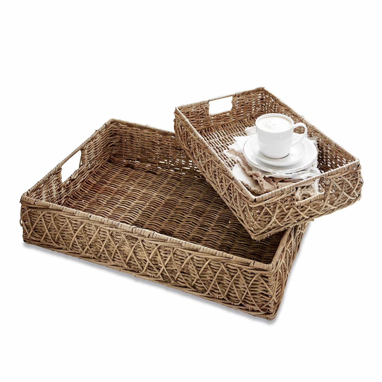 Dienblad set van 2 Cordillera Set van twee rechthoekige dienbladen van natuurlijk riet voor het serveren van drankjes en snacks