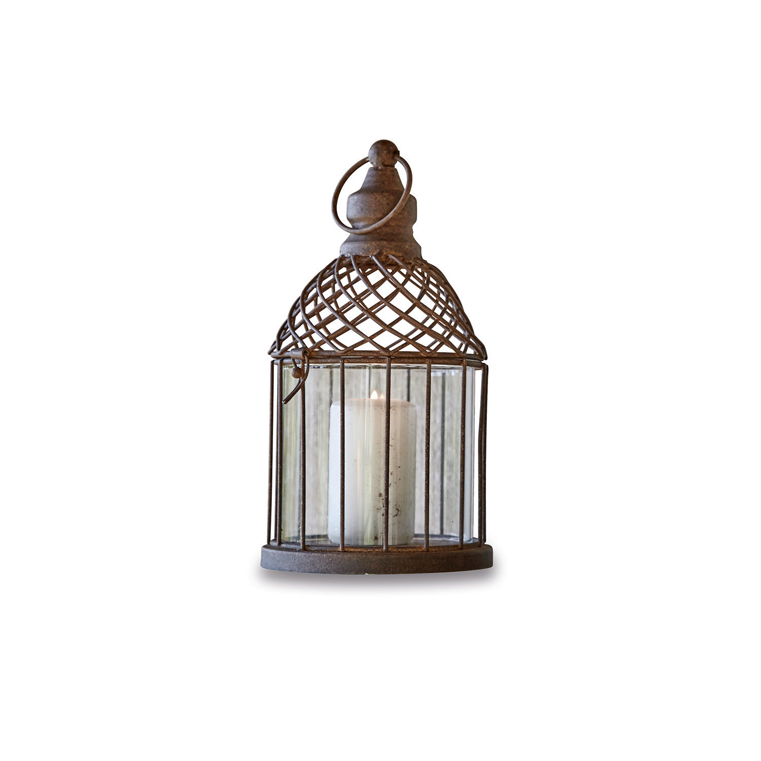 Lantaarn Tiflet Metalen lantaarn in bruin met witte kaars in glazen behuizing, vintage woondecoratie
