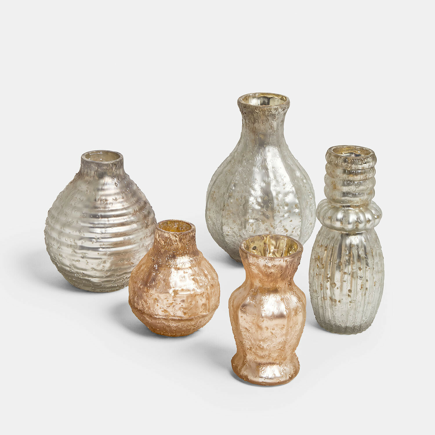 Vaas set van 5 Petillantique Set van vijf decoratieve vazen van gestructureerd glas in zilverkleur voor interieurdecoratie