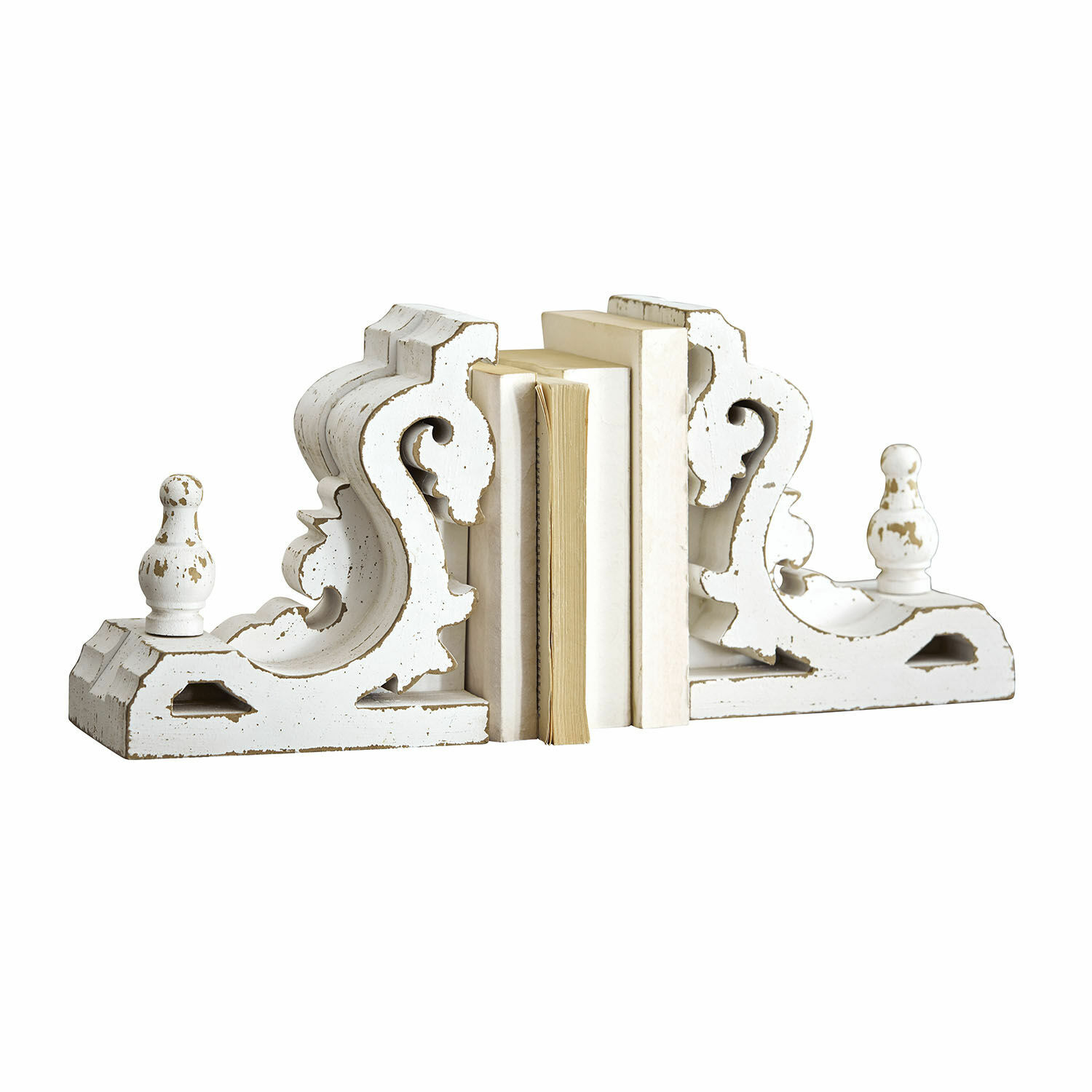 Boekensteun set van 2 Sami Witte houten boekensteunen met verouderde afwerking en decoratief patroon, stijlvolle woonaccessoires