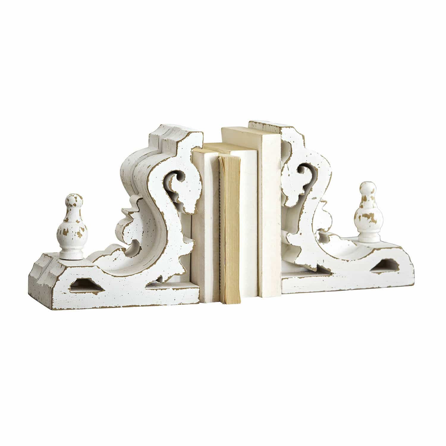 Boekensteun set van 2 Sami Witte houten boekensteunen met verouderde afwerking en decoratief patroon, stijlvolle woonaccessoires