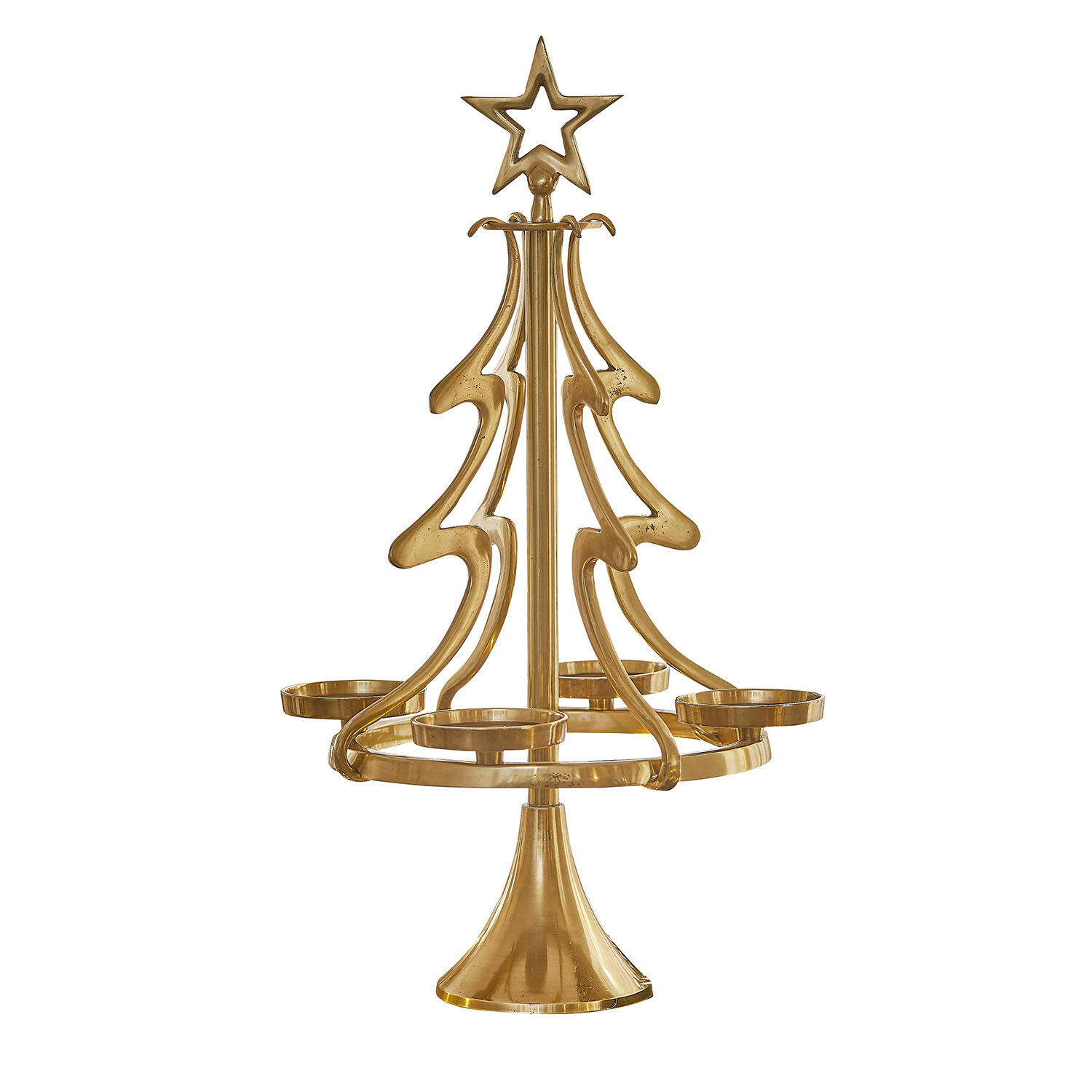 Gouden metalen adventskranshouder in kerstboomvorm met vier kaarsenhouders