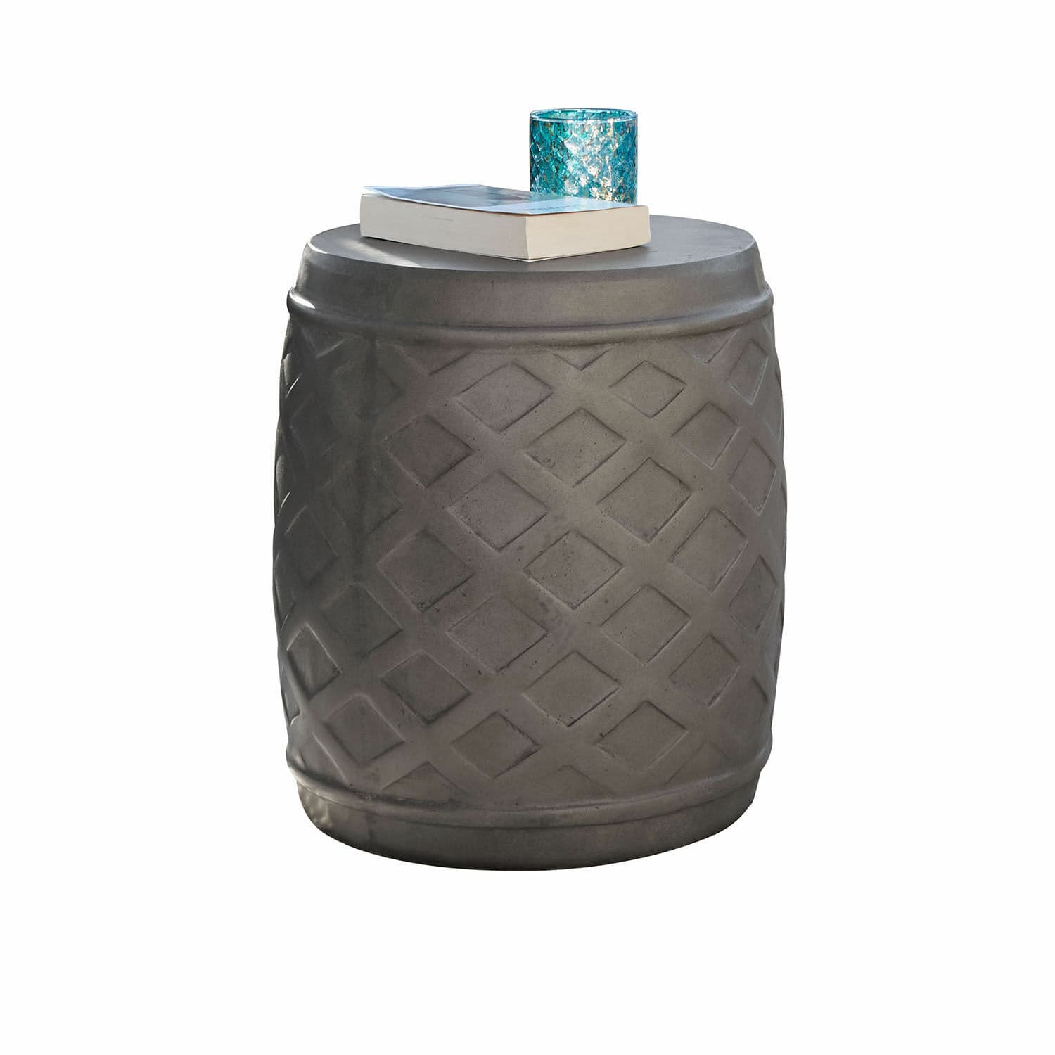 Kruk Plévin Grijze bijzettafel van beton met geometrisch patroon, perfect voor moderne woonkamer